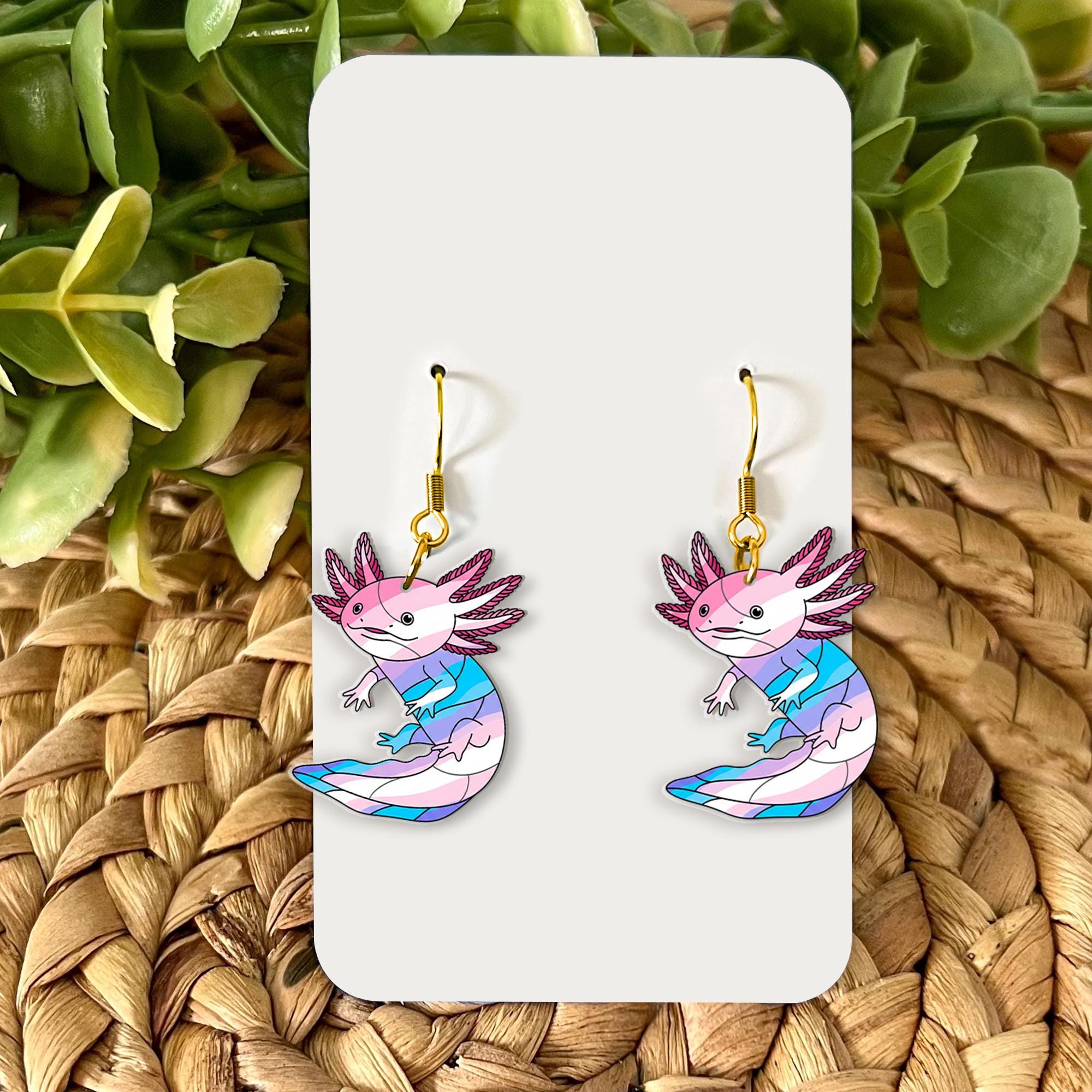 Transgender Axolotl Earrings, Pride Dangle Jewelry, Cute LGBTQ+ Accessory, Pastel Lizard Earrings, Trans Flag Gift for Them