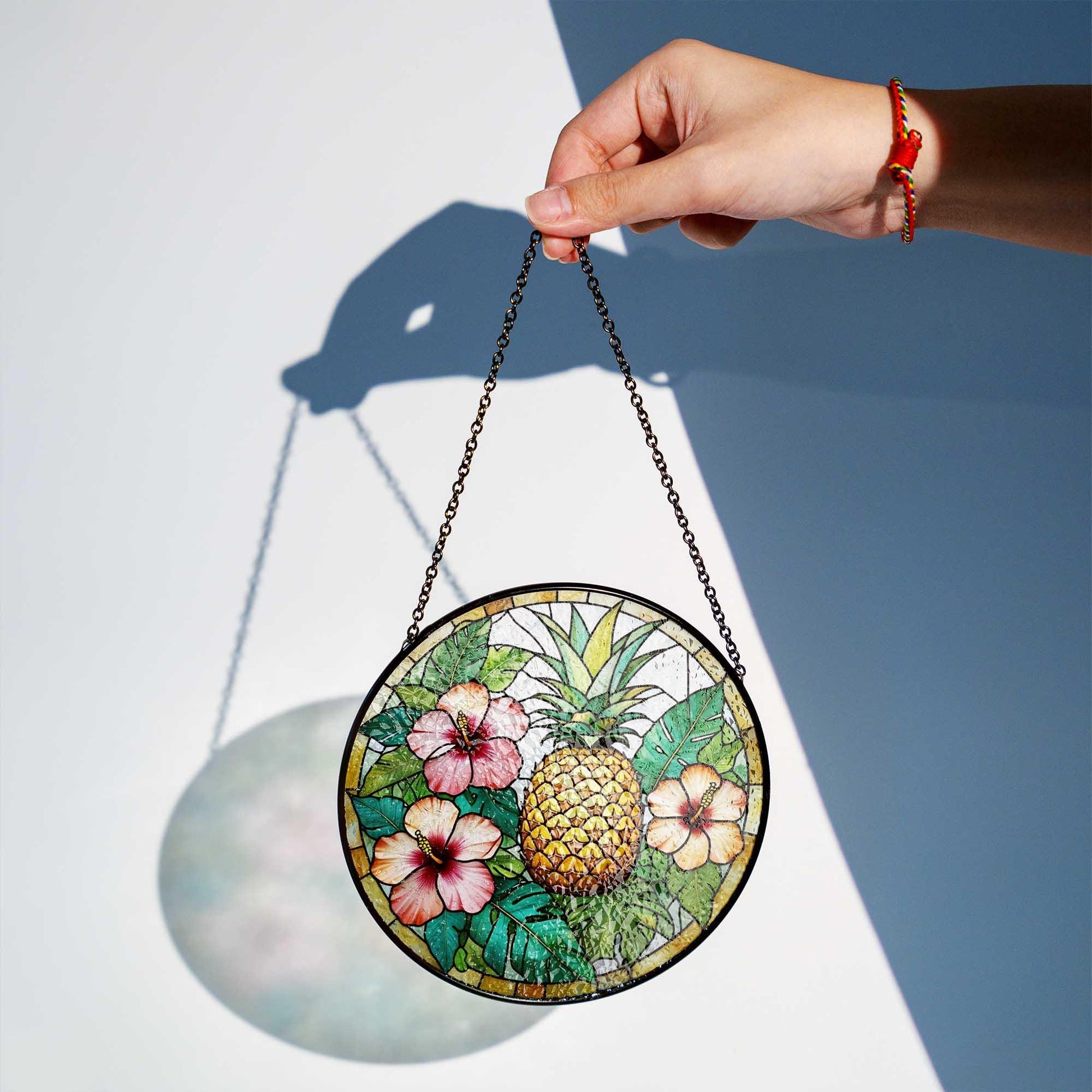 Tropical Pineapple Stained Glass Suncatcher, Summer Hibiscus Window Hanging, Sun Catcher Gift for Beach Home or Island Decor