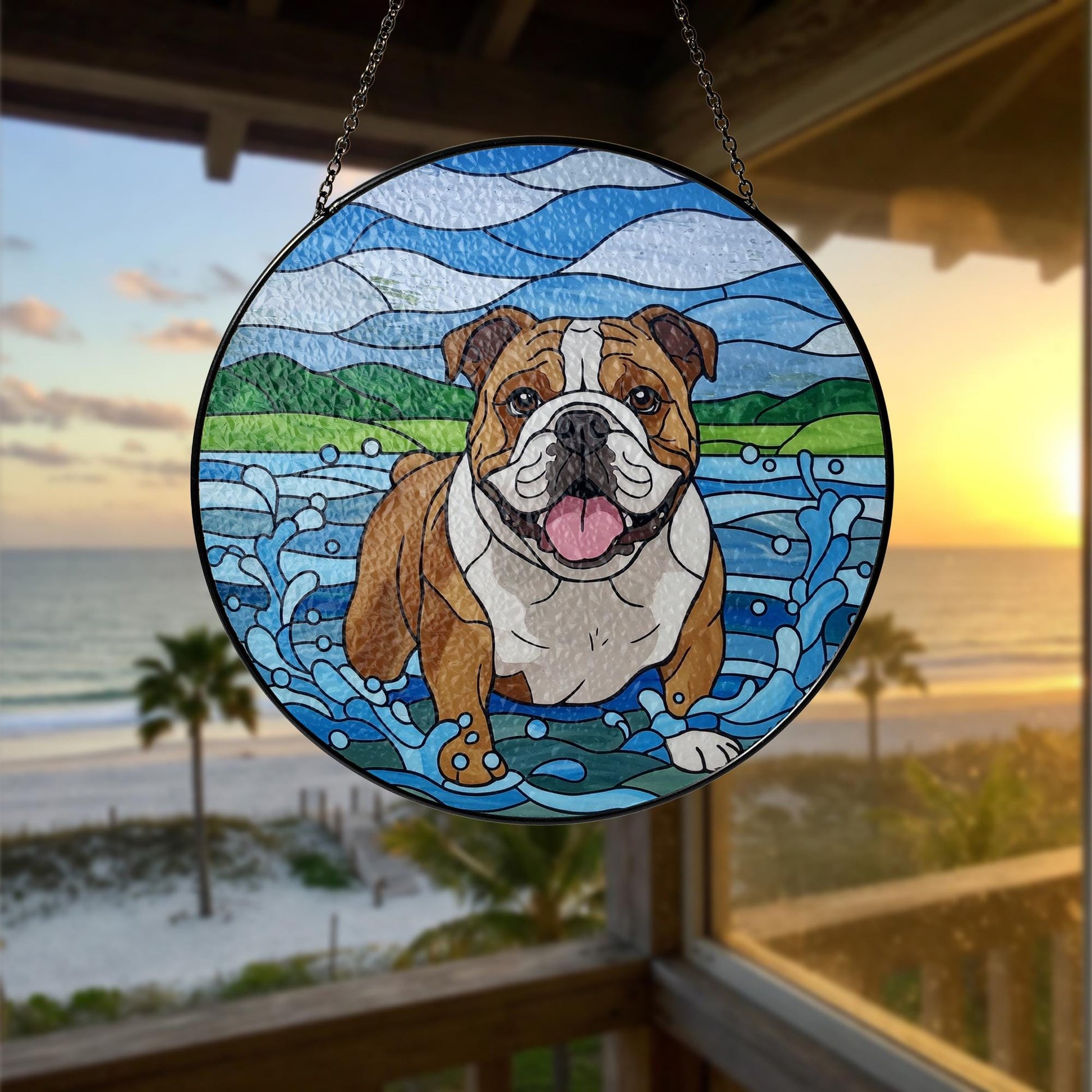 Bulldog Glass Suncatcher, Dog Playing in Water Window Art, Pet Lover Gift, Cute Animal Decor for Dog Owners, Dog Mom Gift, Dad/ Father Gift