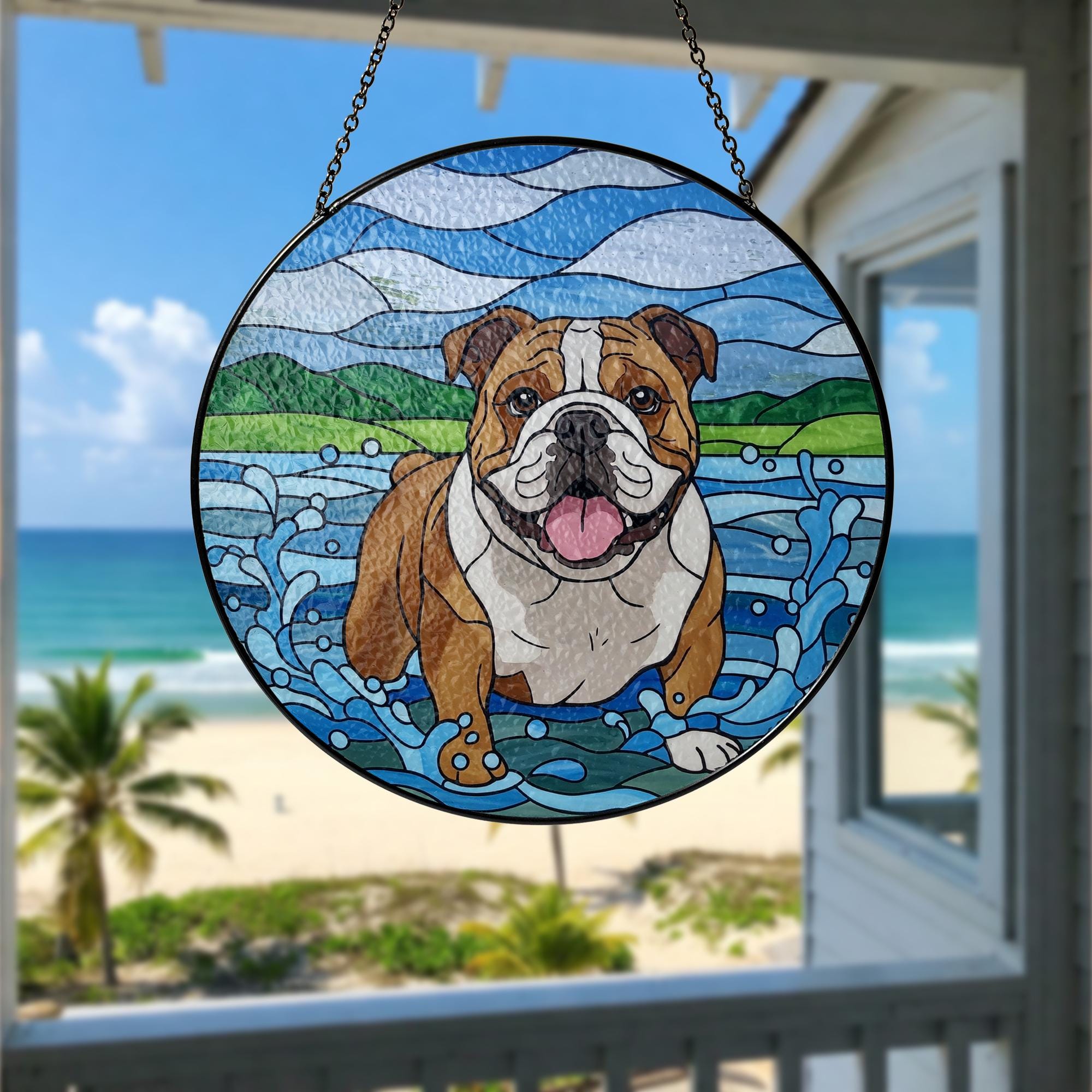 Bulldog Glass Suncatcher, Dog Playing in Water Window Art, Pet Lover Gift, Cute Animal Decor for Dog Owners, Dog Mom Gift, Dad/ Father Gift