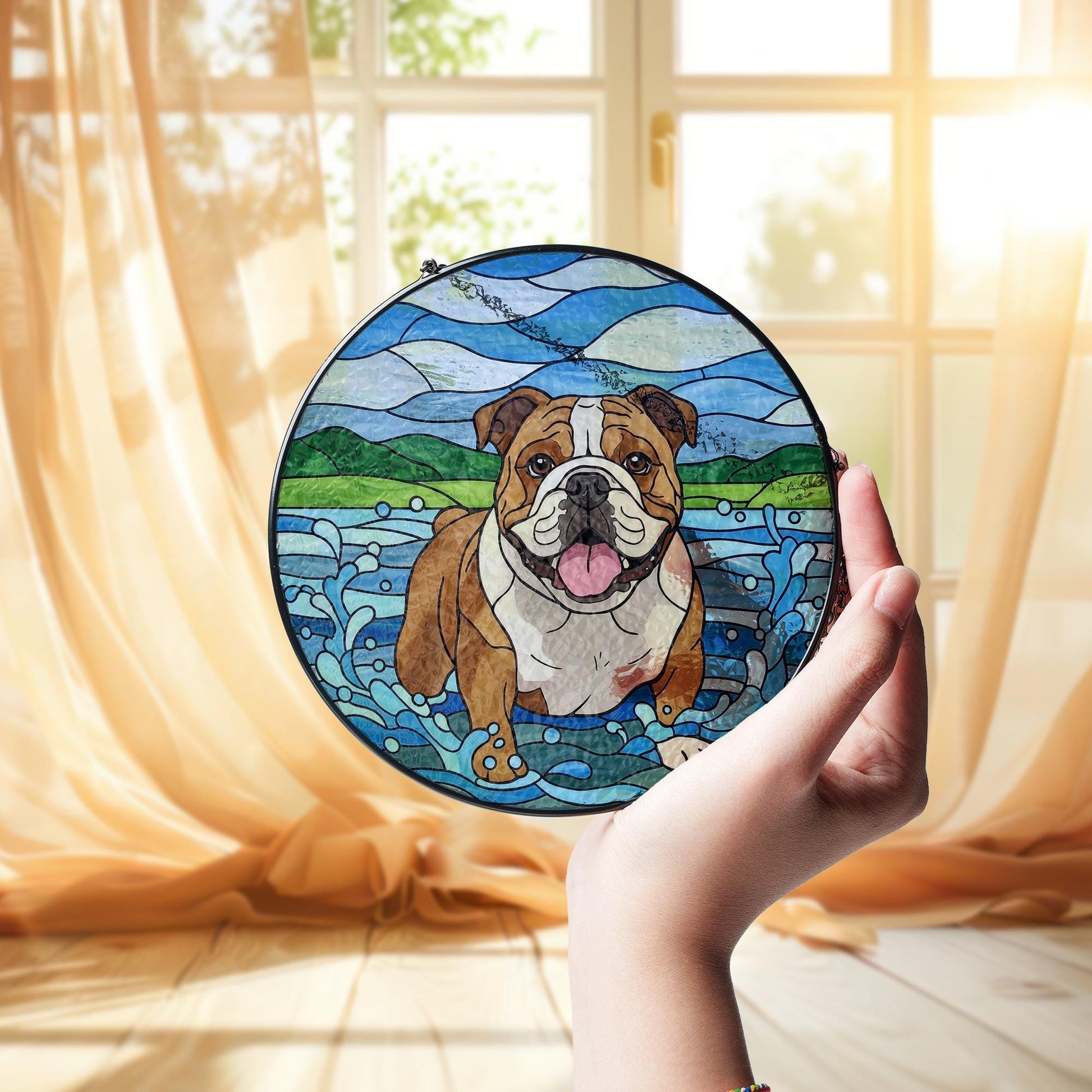 Bulldog Glass Suncatcher, Dog Playing in Water Window Art, Pet Lover Gift, Cute Animal Decor for Dog Owners, Dog Mom Gift, Dad/ Father Gift