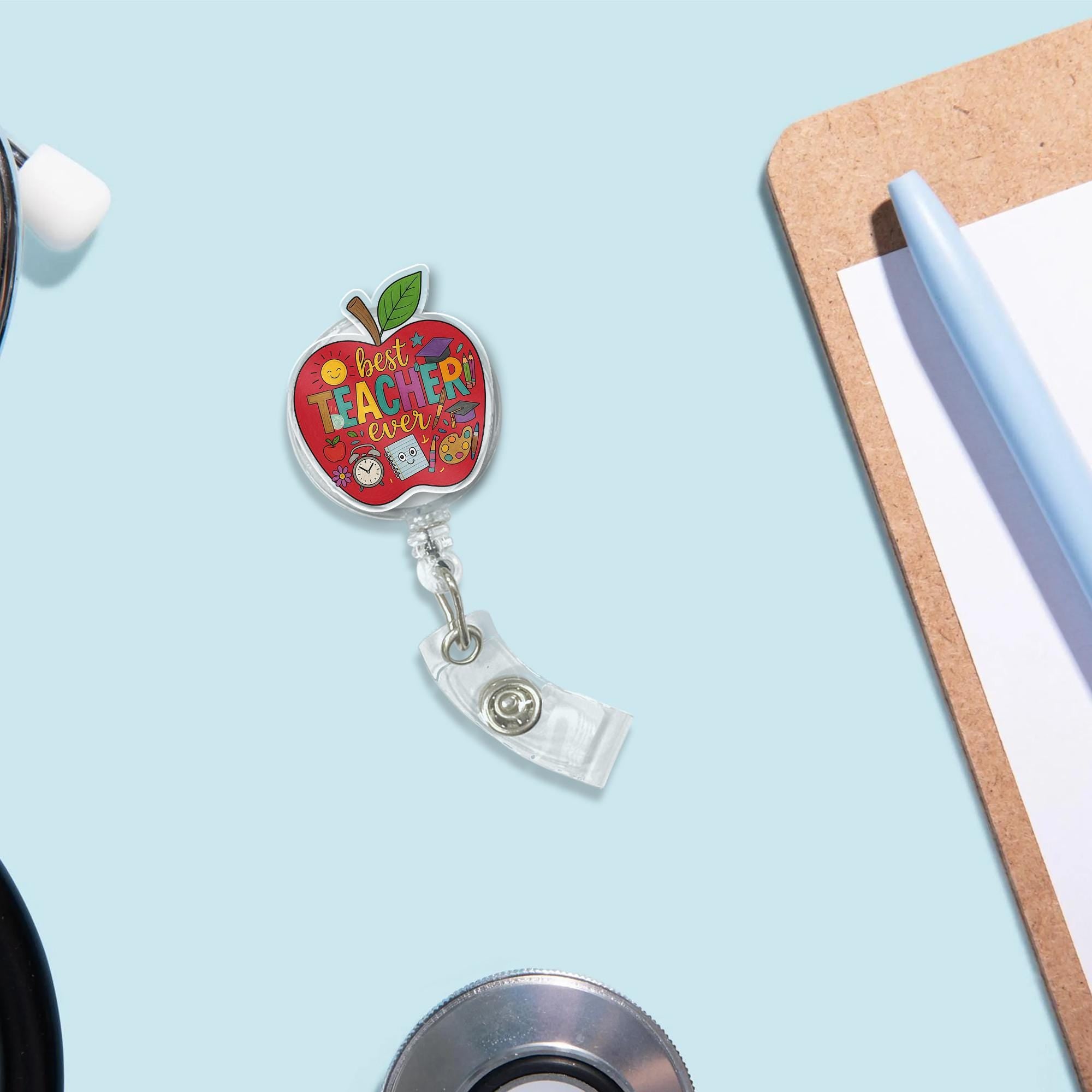 Best Teacher Ever Badge Reel | Cute Retractable ID Clip | Teacher Gift Idea | Back to School Accessory | Educator Name Badge Holder