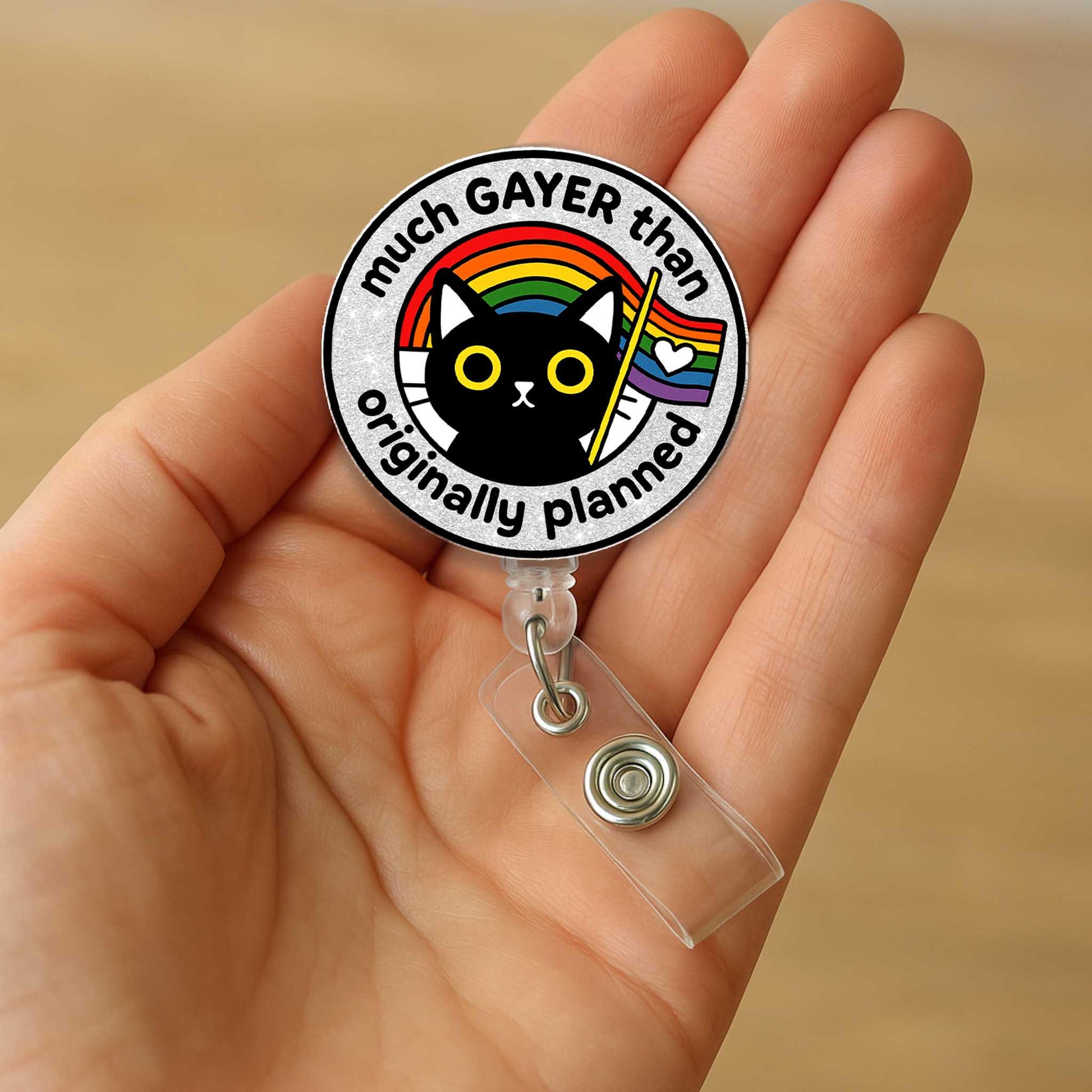 Funny Much Gayer Than Planned LGBT Badge Reel with Cat, ID Holder, Pride Gift for Nurses, Teachers, LGBTQ Office Accessories