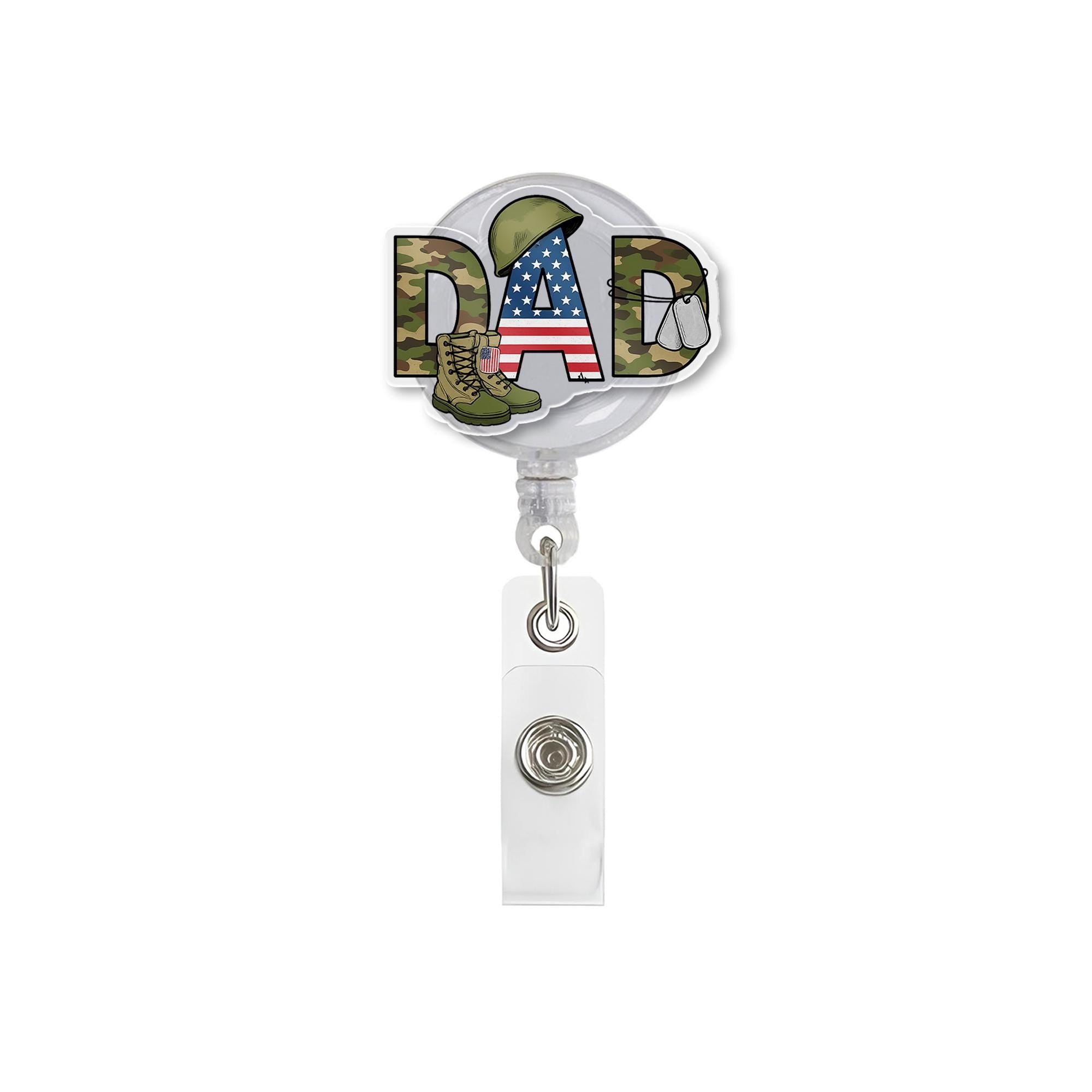 Military Dad Badge Reel | Patriotic Camouflage ID Clip | Army Veteran Gift for Dad | Retractable Badge Holder for Father’s Day