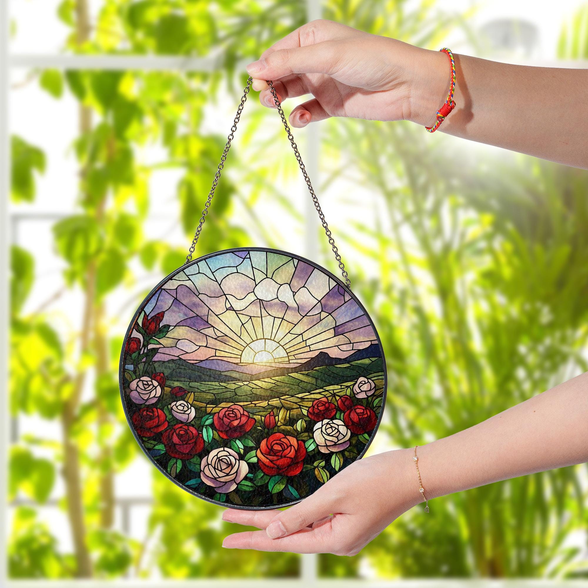 Rose flower Glass Suncatcher, Rose Sunset Window Hanging Gift, Rose Sun Catcher, Birthday Gift for Her, Summer Floral Decor