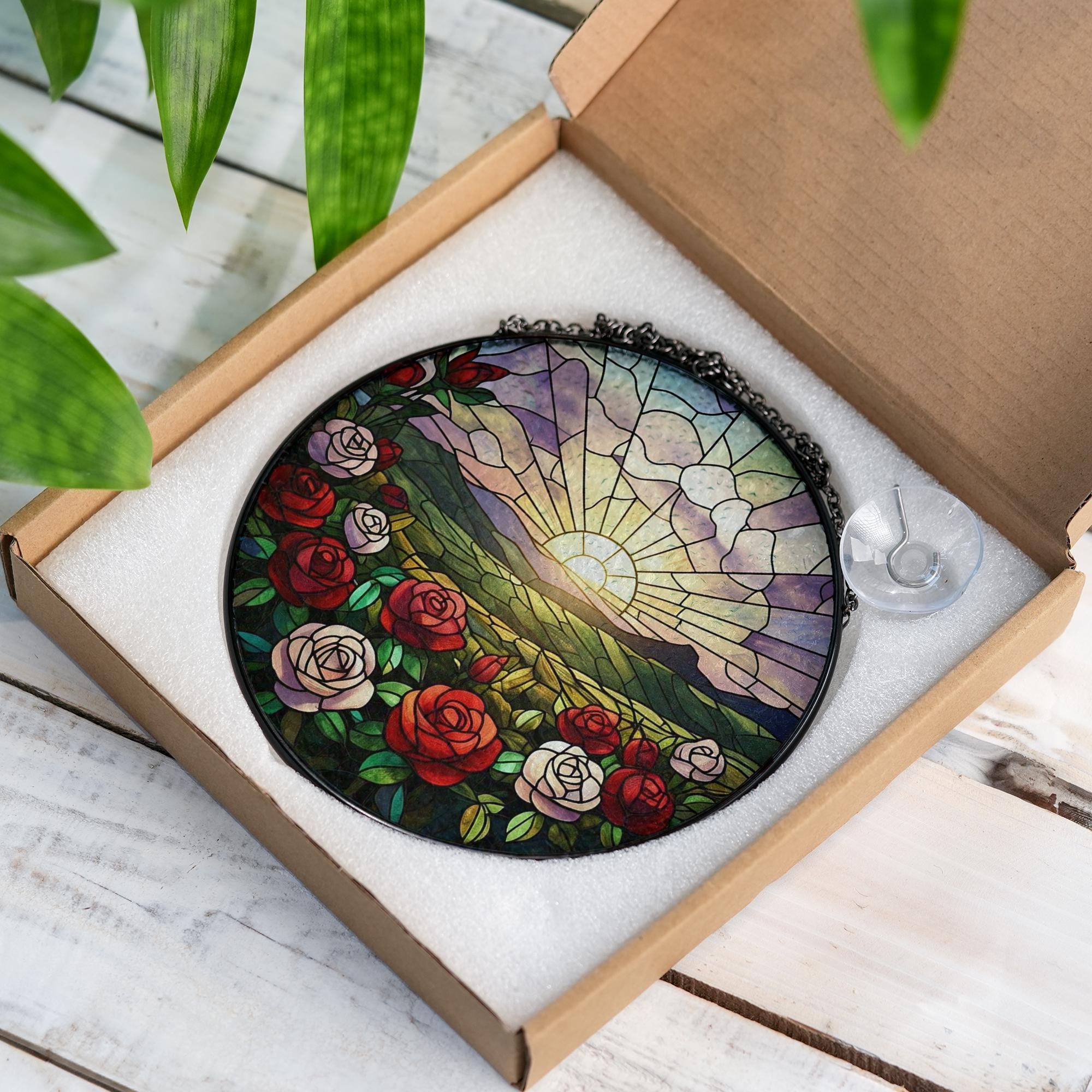 Rose flower Glass Suncatcher, Rose Sunset Window Hanging Gift, Rose Sun Catcher, Birthday Gift for Her, Summer Floral Decor