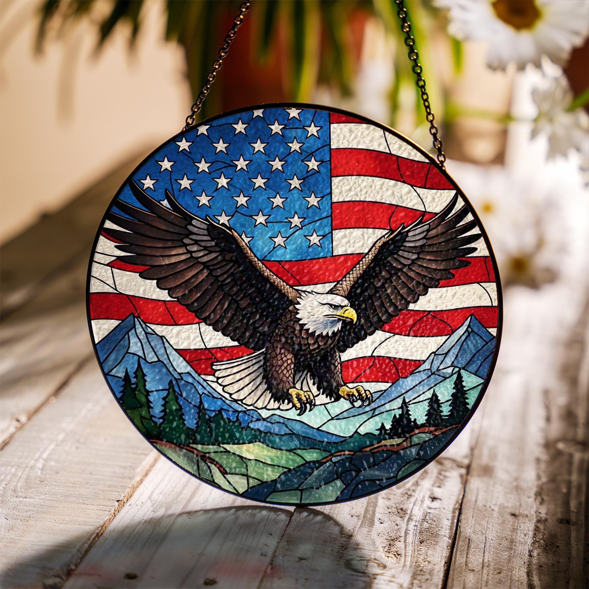 Bald Eagle American Flag Glass Suncatcher | Patriotic Window Decor | USA Eagle Sun Catcher | 4th of July Gift | Veteran Home Accent