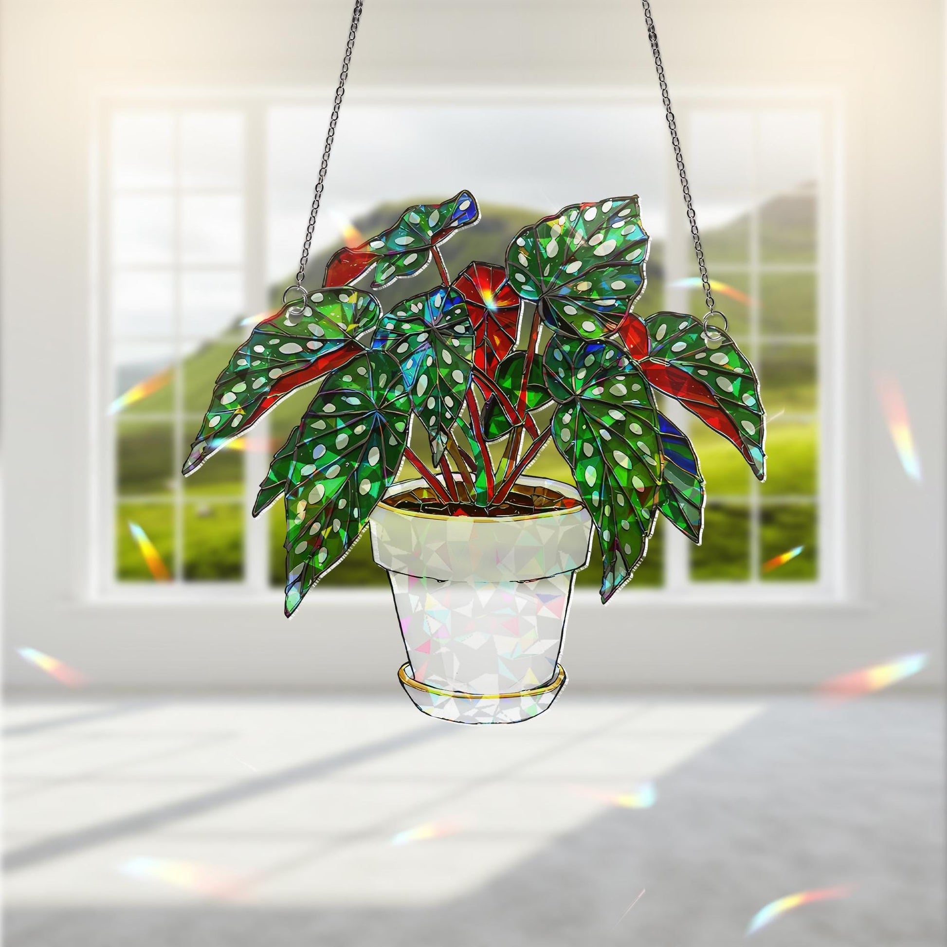 Begonia Maculata Suncatcher, Polka Dot Plant Window Decor, Holographic Acrylic Leaf Art, Hanging Houseplant Gift, Plant Lover Gift