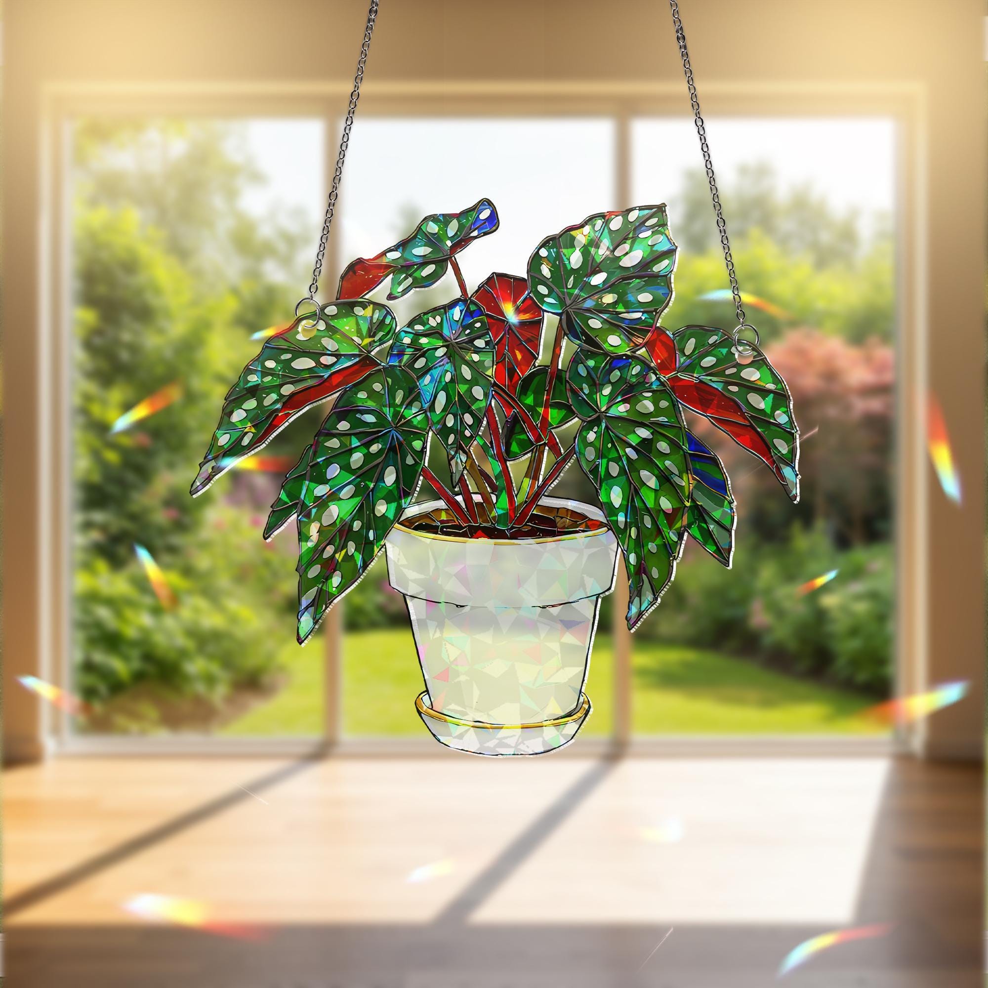 Begonia Maculata Suncatcher, Polka Dot Plant Window Decor, Holographic Acrylic Leaf Art, Hanging Houseplant Gift, Plant Lover Gift
