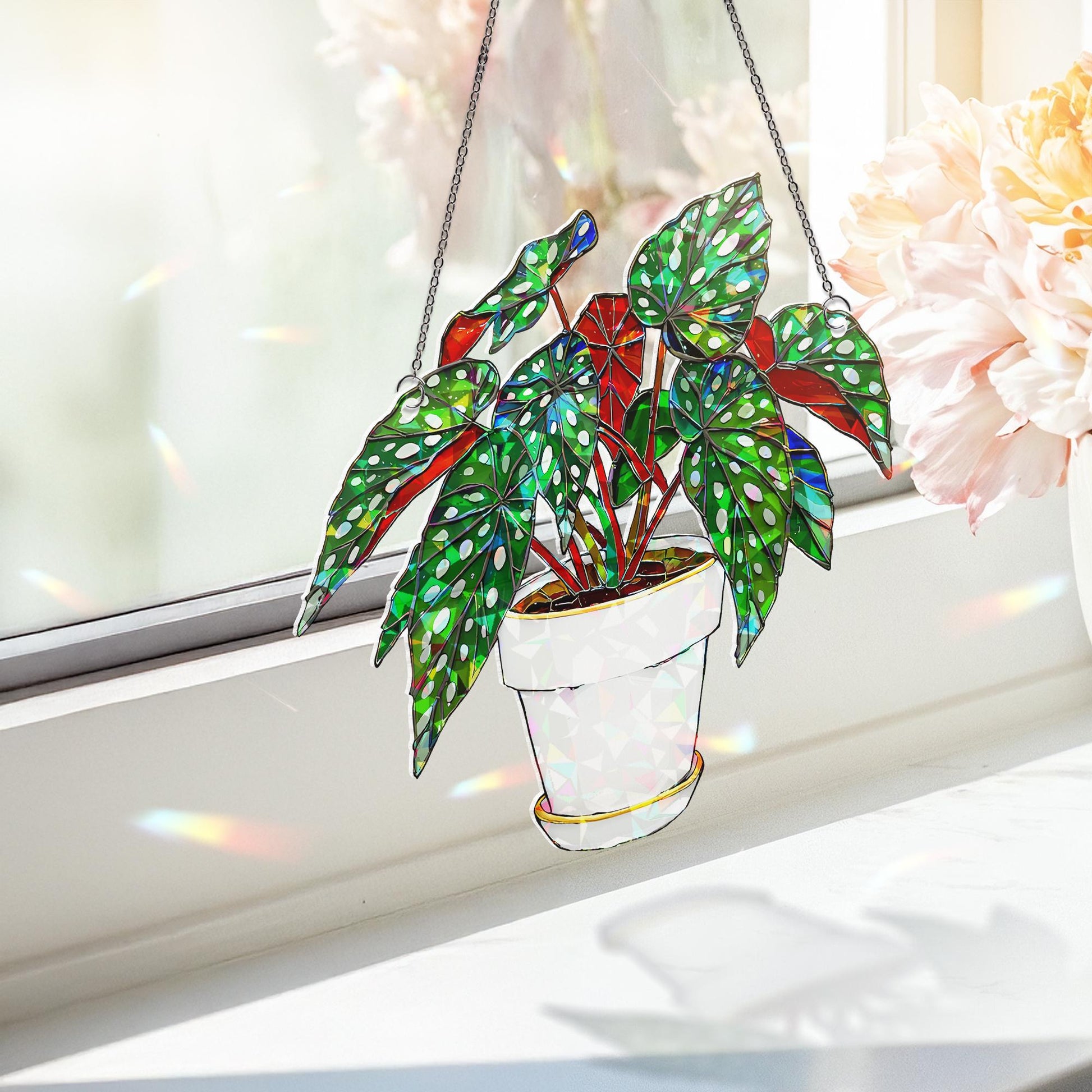 Begonia Maculata Suncatcher, Polka Dot Plant Window Decor, Holographic Acrylic Leaf Art, Hanging Houseplant Gift, Plant Lover Gift