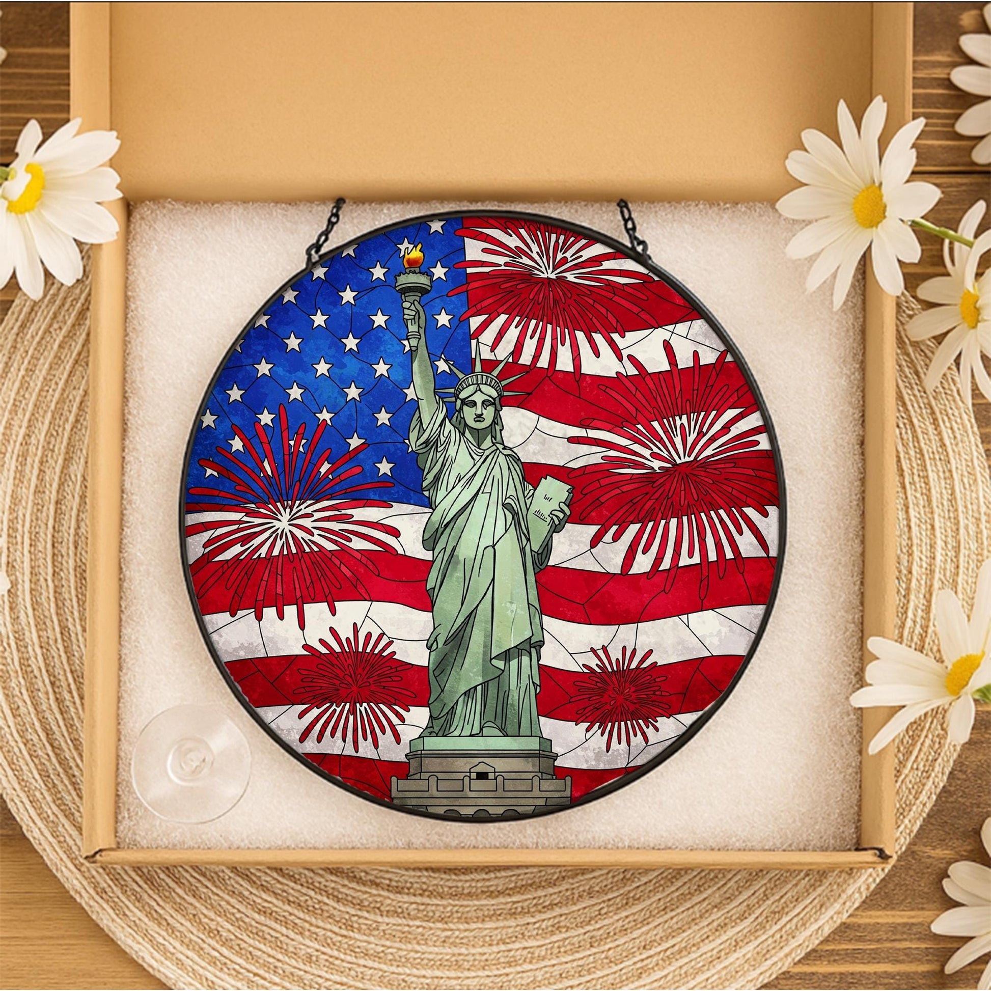 Statue of Liberty American Flag Suncatcher | 4th of July Patriotic Window Hanging | USA Fireworks Glass Decor | Independence Day Gift