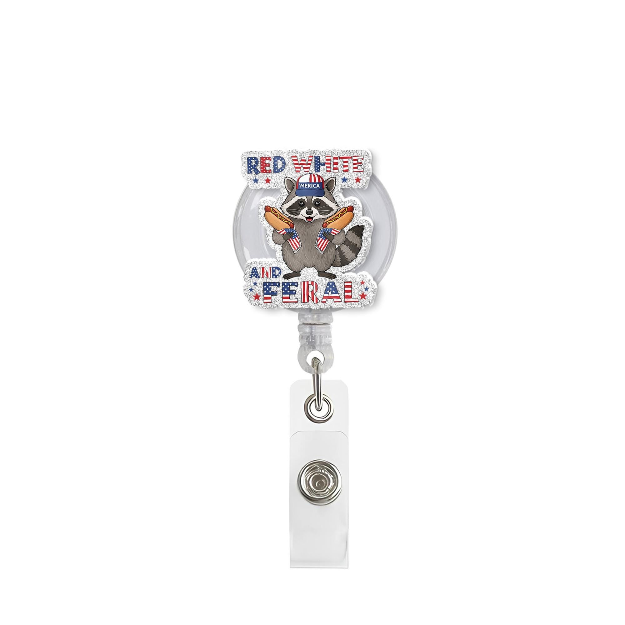 Red White and Feral Raccoon Badge Reel – Funny Patriotic ID Holder, 4th of July Nurse Gift, Cute USA Animal Work Accessory, Doctor Gift