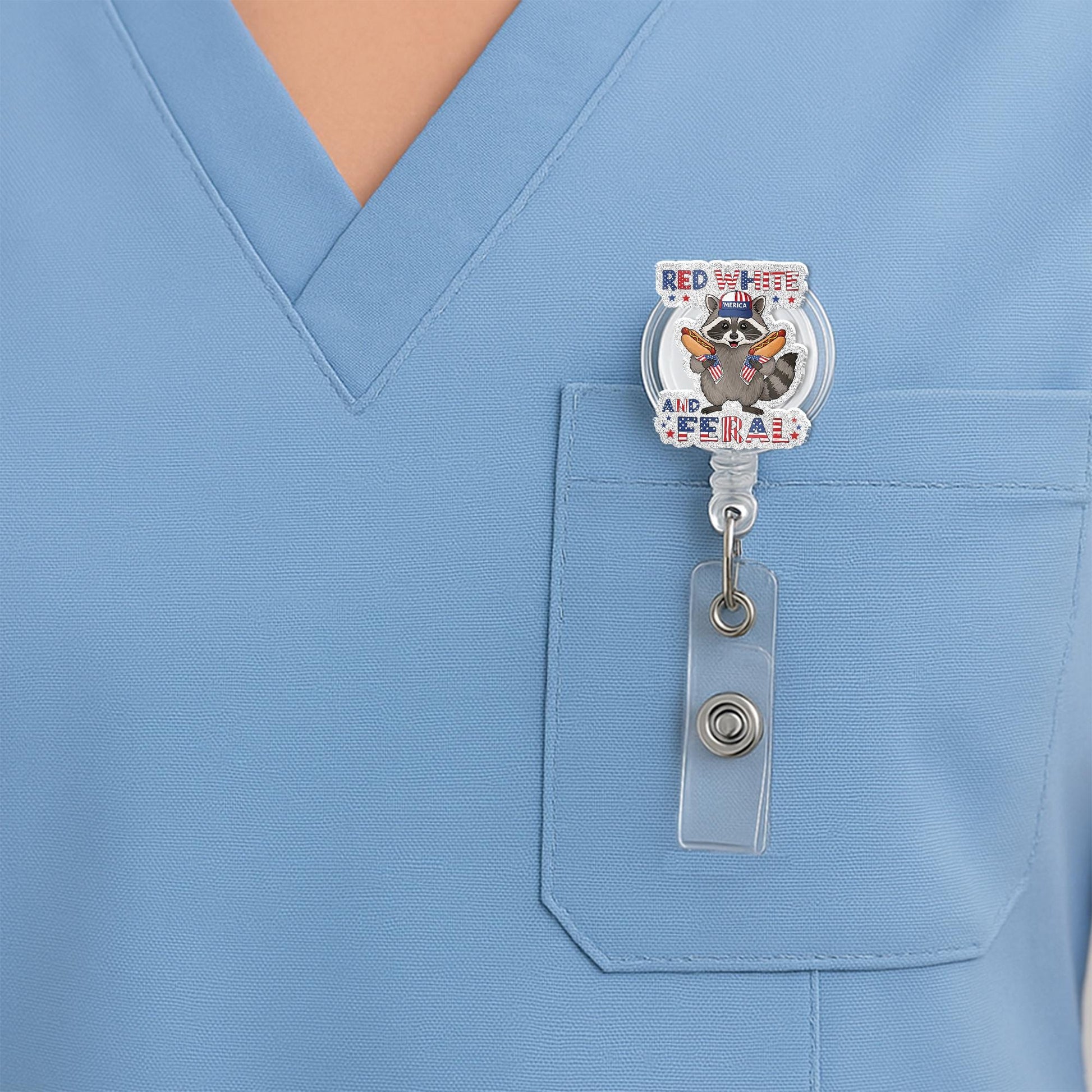 Red White and Feral Raccoon Badge Reel – Funny Patriotic ID Holder, 4th of July Nurse Gift, Cute USA Animal Work Accessory, Doctor Gift