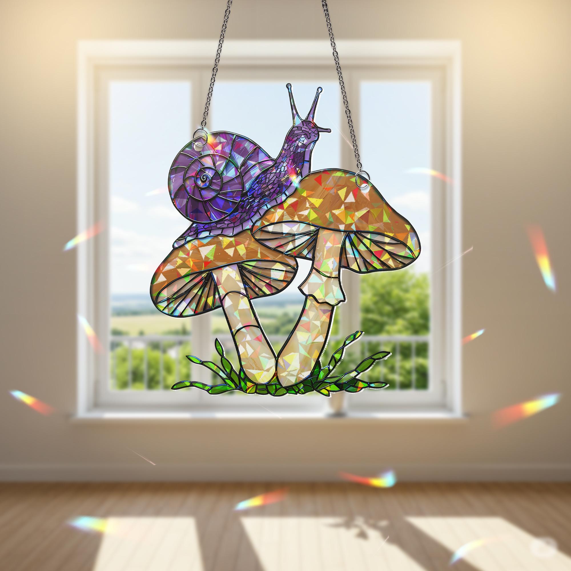 Snail Mushroom Suncatcher, Holographic Acrylic Window Hanging, Cottagecore Window Art, Nature Decor, Boho Crystal Light Catcher