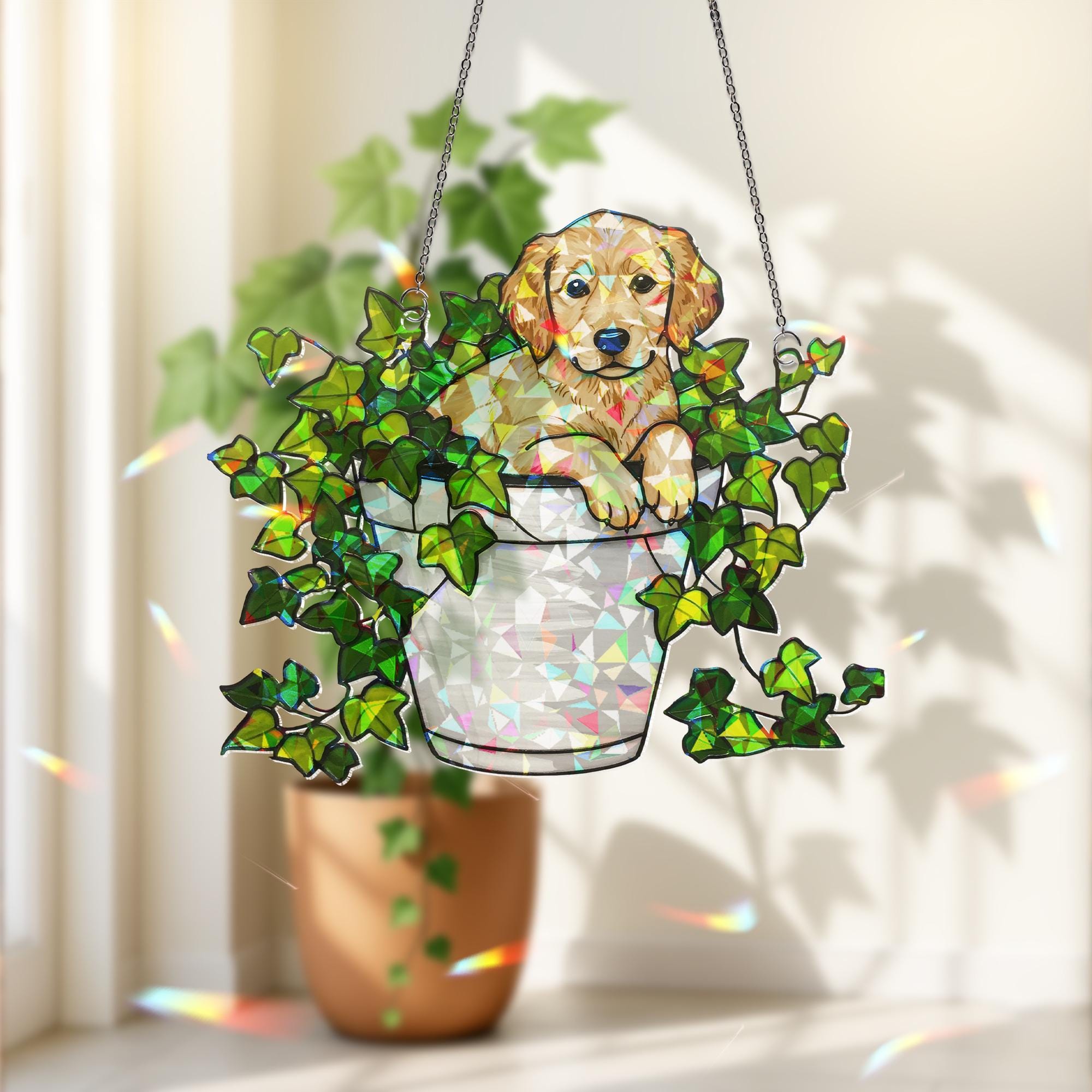 Golden Retriever in Ivy Plant Hologram Ornament | Dog ACRYLIC Window Hanging | Plant Lover Gift | Ivy Plants Decor, Dog Decor, Gift For Mom