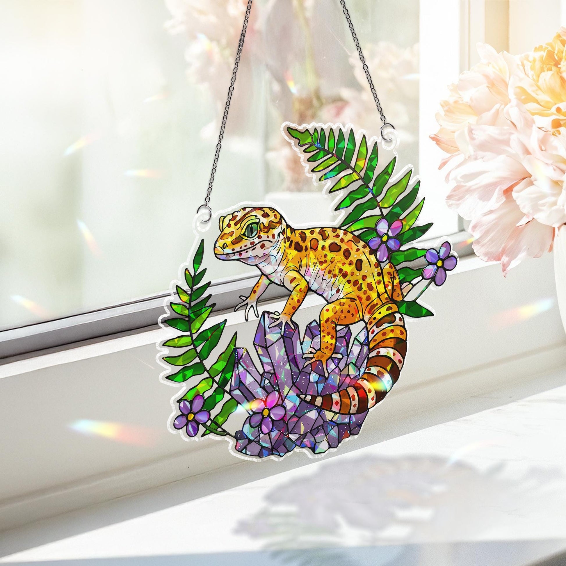 Leopard Gecko Suncatcher, Holographic Acrylic Lizard Decor, Jungle Crystal Window Art, Reptile Lover Gift, Nature Sunlight Charm,Reptile Mom