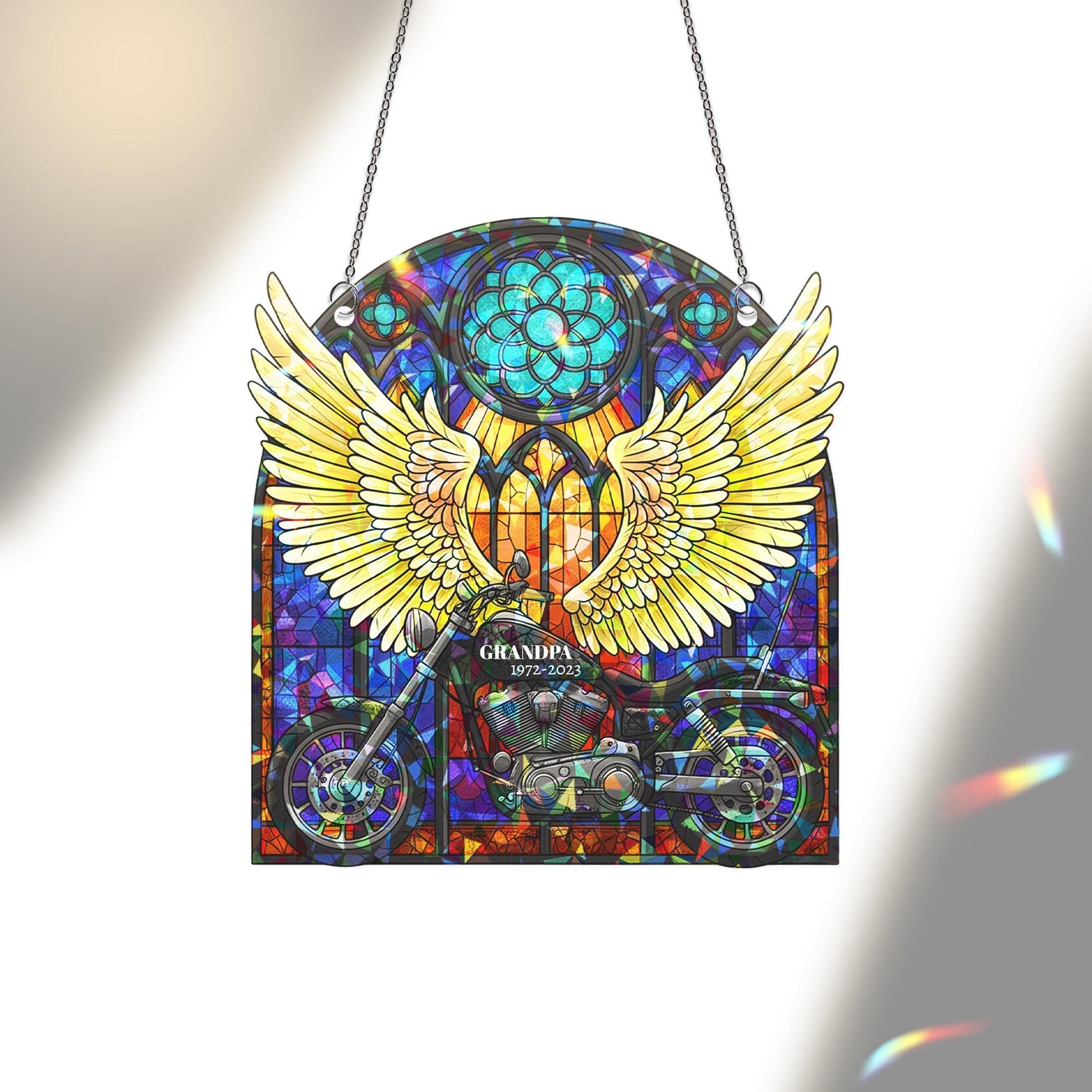 Memorial Father’s Day Suncatcher | Custom Holographic Acrylic Angel Wings & Motorcycle | In Loving Memory Window Tribute Gift
