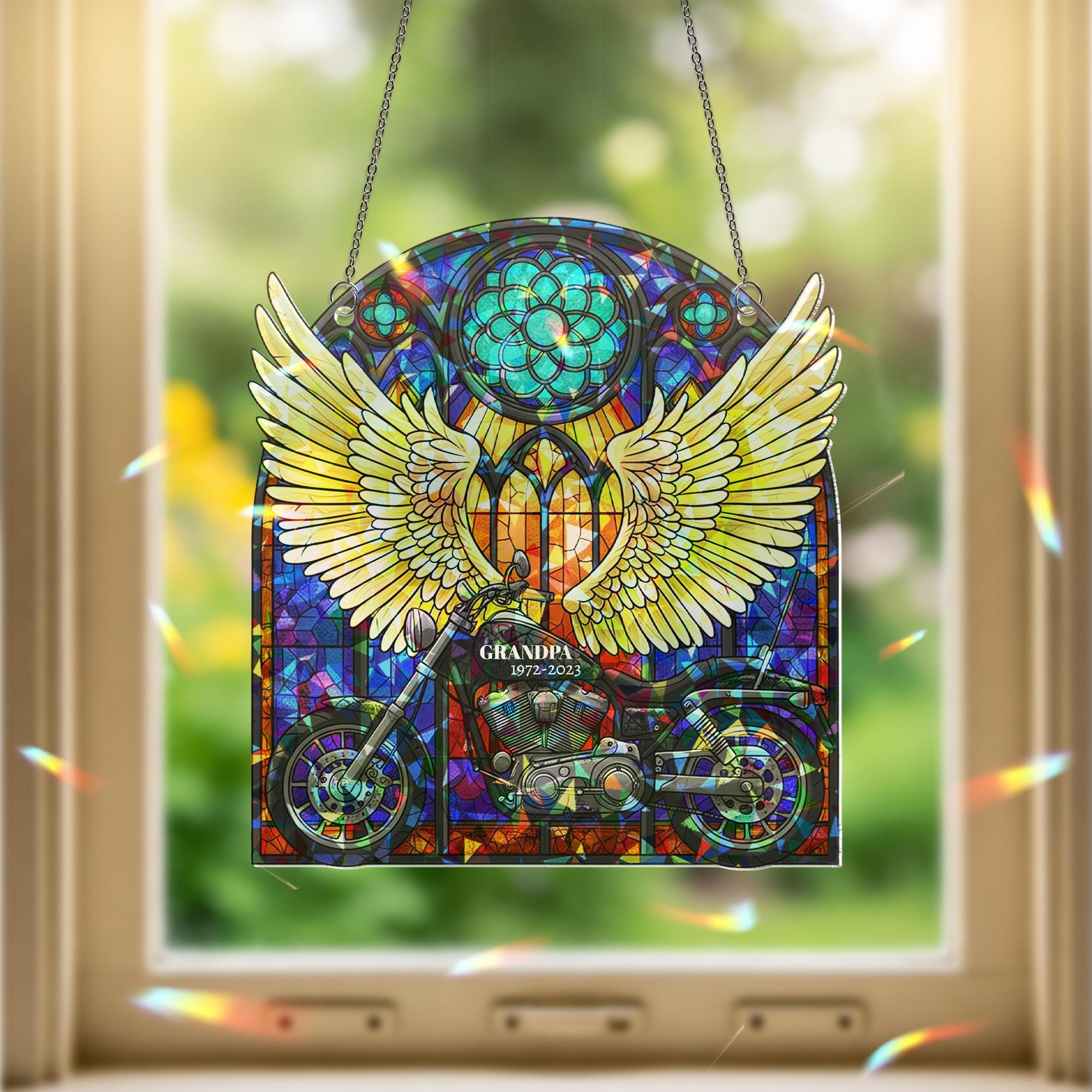 Memorial Father’s Day Suncatcher | Custom Holographic Acrylic Angel Wings & Motorcycle | In Loving Memory Window Tribute Gift
