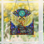 Memorial Father’s Day Suncatcher | Custom Holographic Acrylic Angel Wings & Motorcycle | In Loving Memory Window Tribute Gift