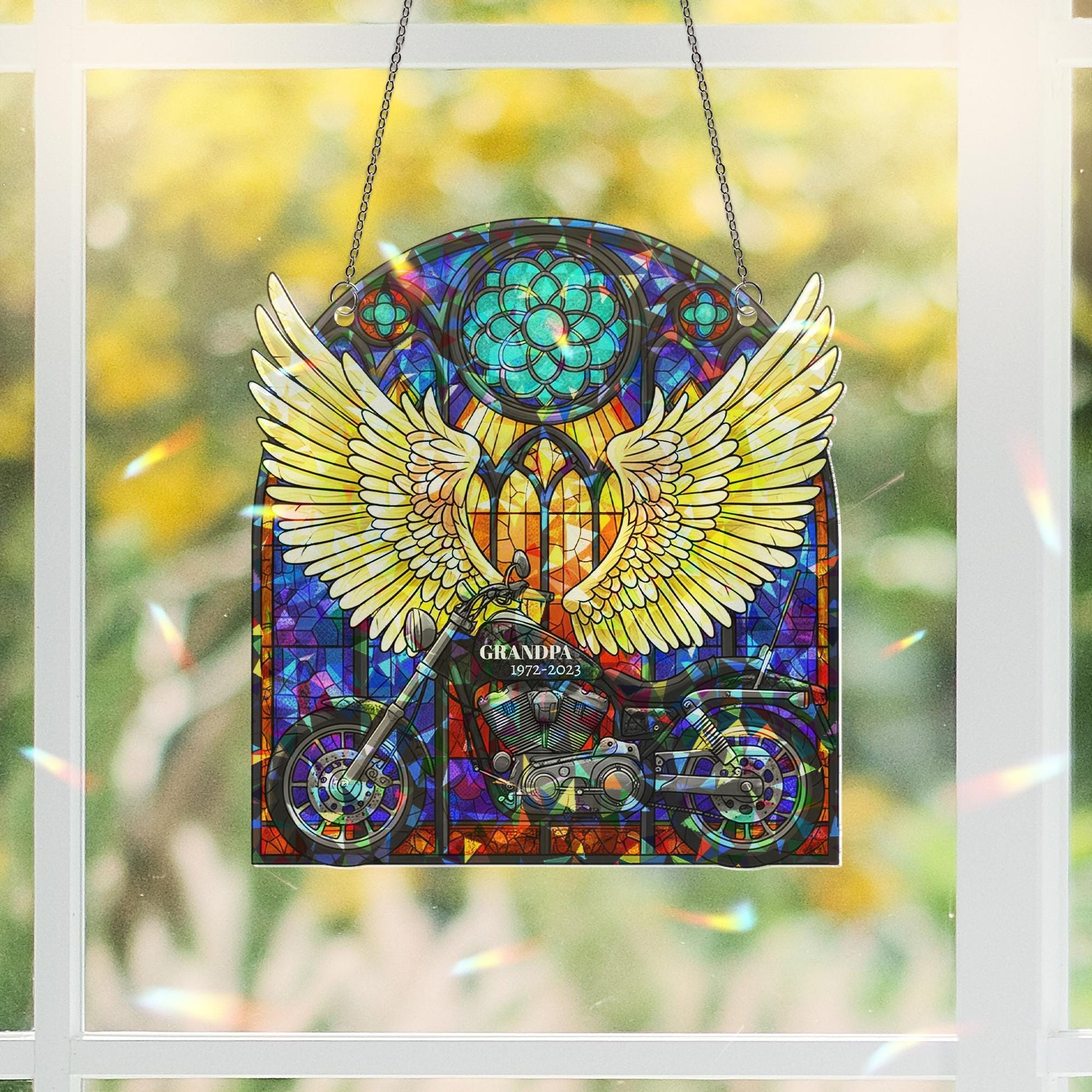 Memorial Father’s Day Suncatcher | Custom Holographic Acrylic Angel Wings & Motorcycle | In Loving Memory Window Tribute Gift