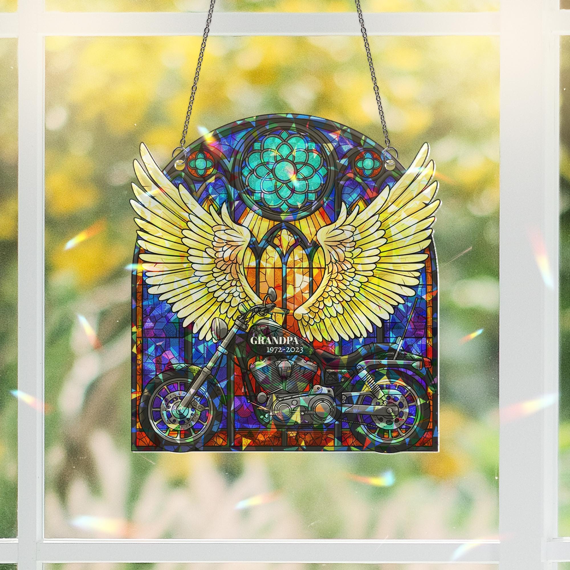 Memorial Father’s Day Suncatcher | Custom Holographic Acrylic Angel Wings & Motorcycle | In Loving Memory Window Tribute Gift