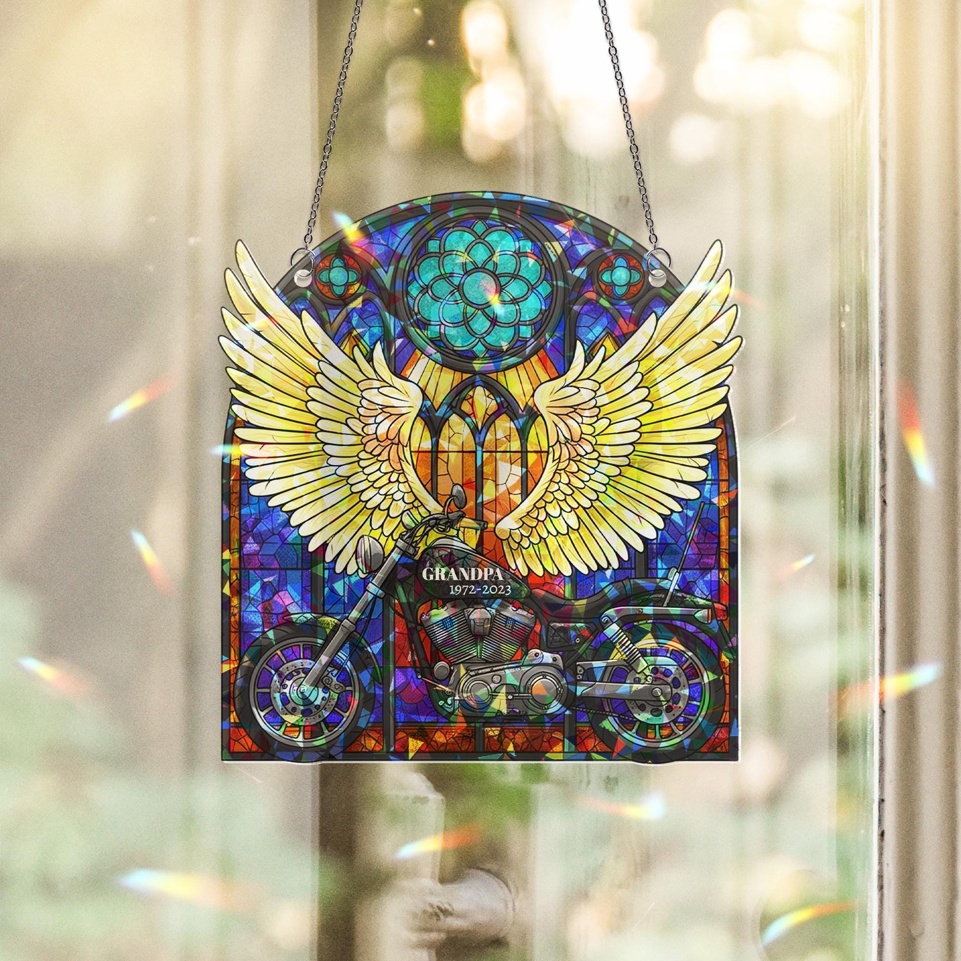 Memorial Father’s Day Suncatcher | Custom Holographic Acrylic Angel Wings & Motorcycle | In Loving Memory Window Tribute Gift