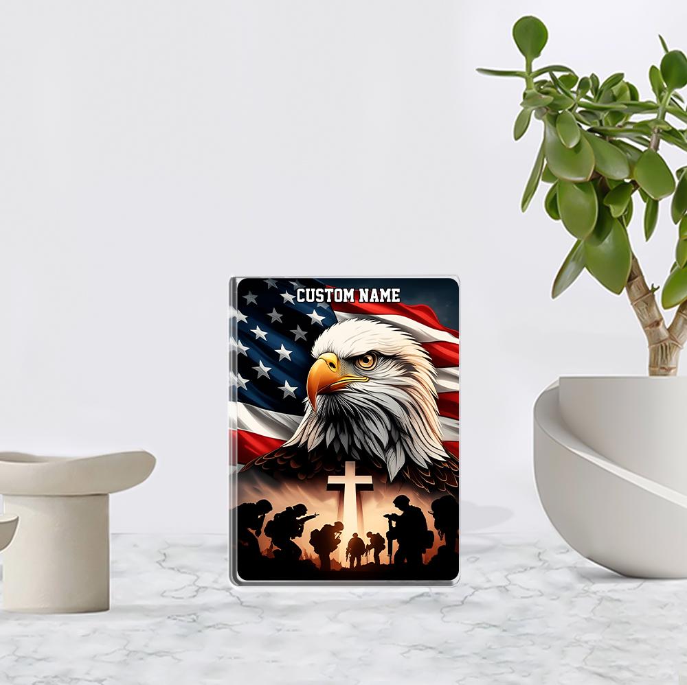 Remembering Our Heroes Acrylic Block Plaque - Patriotic Eagle, Soldiers, and Cross - Personalized Memorial Gift - 4th of July, Veterans Day
