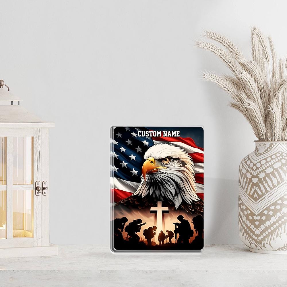 Remembering Our Heroes Acrylic Block Plaque - Patriotic Eagle, Soldiers, and Cross - Personalized Memorial Gift - 4th of July, Veterans Day