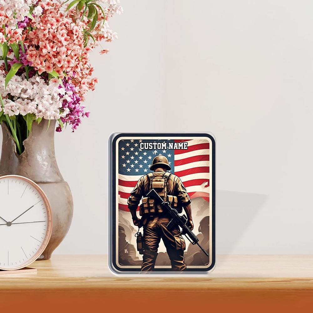Personalized US Soldier Acrylic Block Plaque with American Flag Backdrop - A Meaningful Veteran Gift, Military Tribute, Patriotic Home Decor