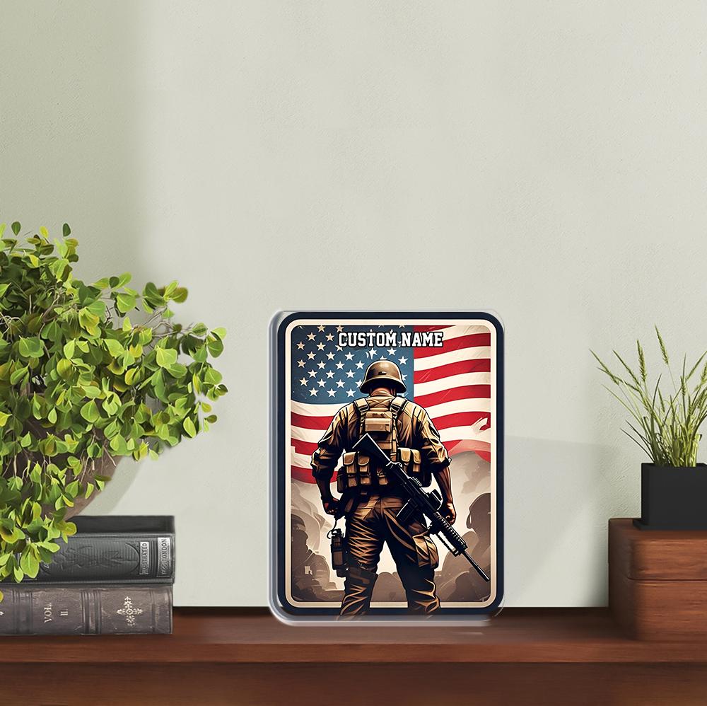 Personalized US Soldier Acrylic Block Plaque with American Flag Backdrop - A Meaningful Veteran Gift, Military Tribute, Patriotic Home Decor