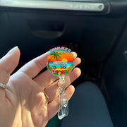 Summer Vibes Badge Reel - Beach Van Sunset Palm Trees - Retractable ID Holder for Nurses, Teachers, Office - Tropical Vacation Fun Gift