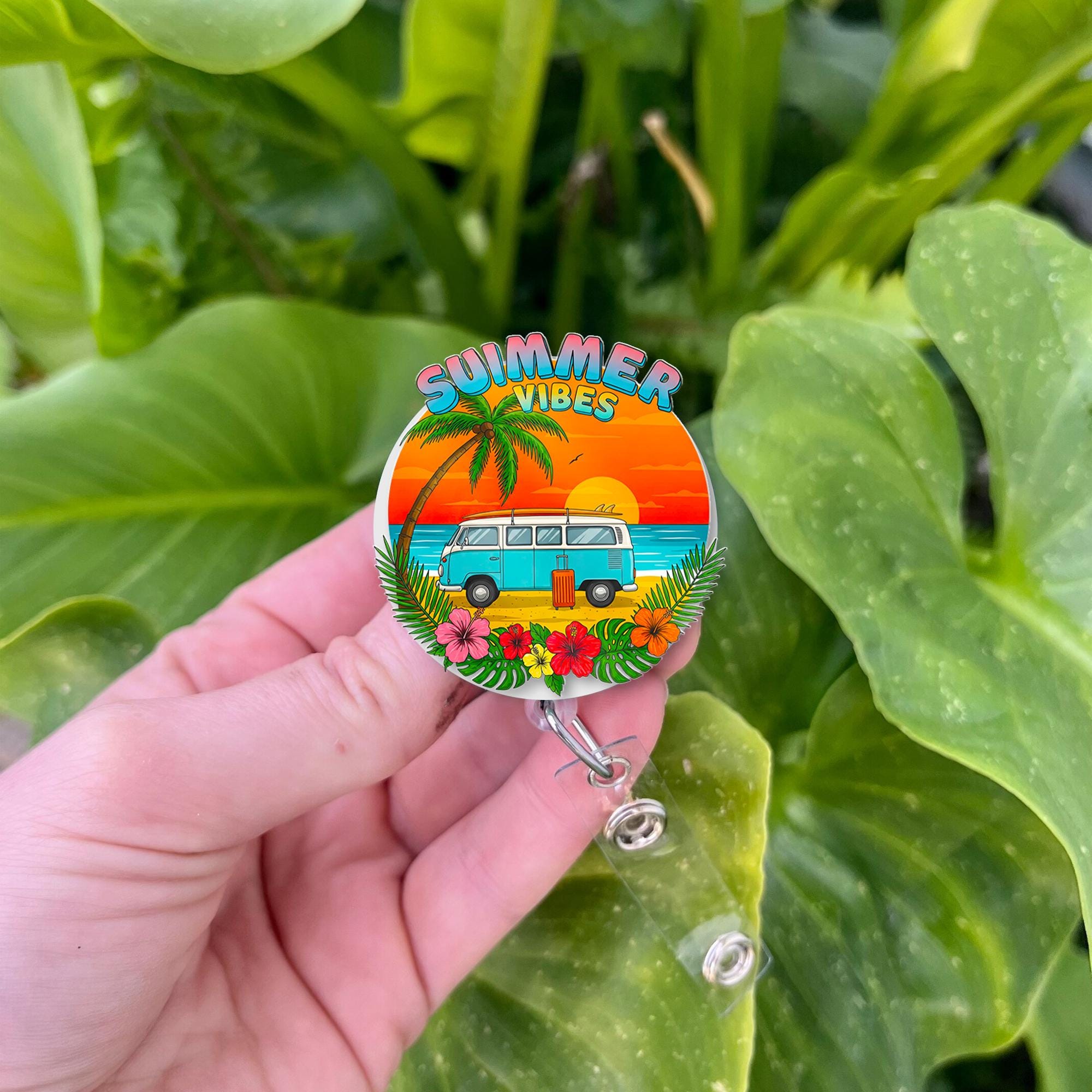 Summer Vibes Badge Reel - Beach Van Sunset Palm Trees - Retractable ID Holder for Nurses, Teachers, Office - Tropical Vacation Fun Gift