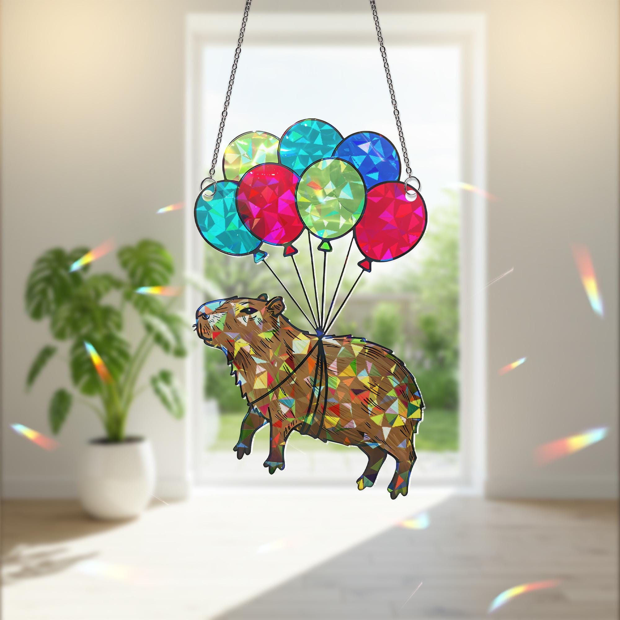 Capybara Balloon Suncatcher, Holographic Acrylic Window Decor, Rainbow Light Catcher Gift, Whimsical Animal Hanging Art,Funny Capybara Decor
