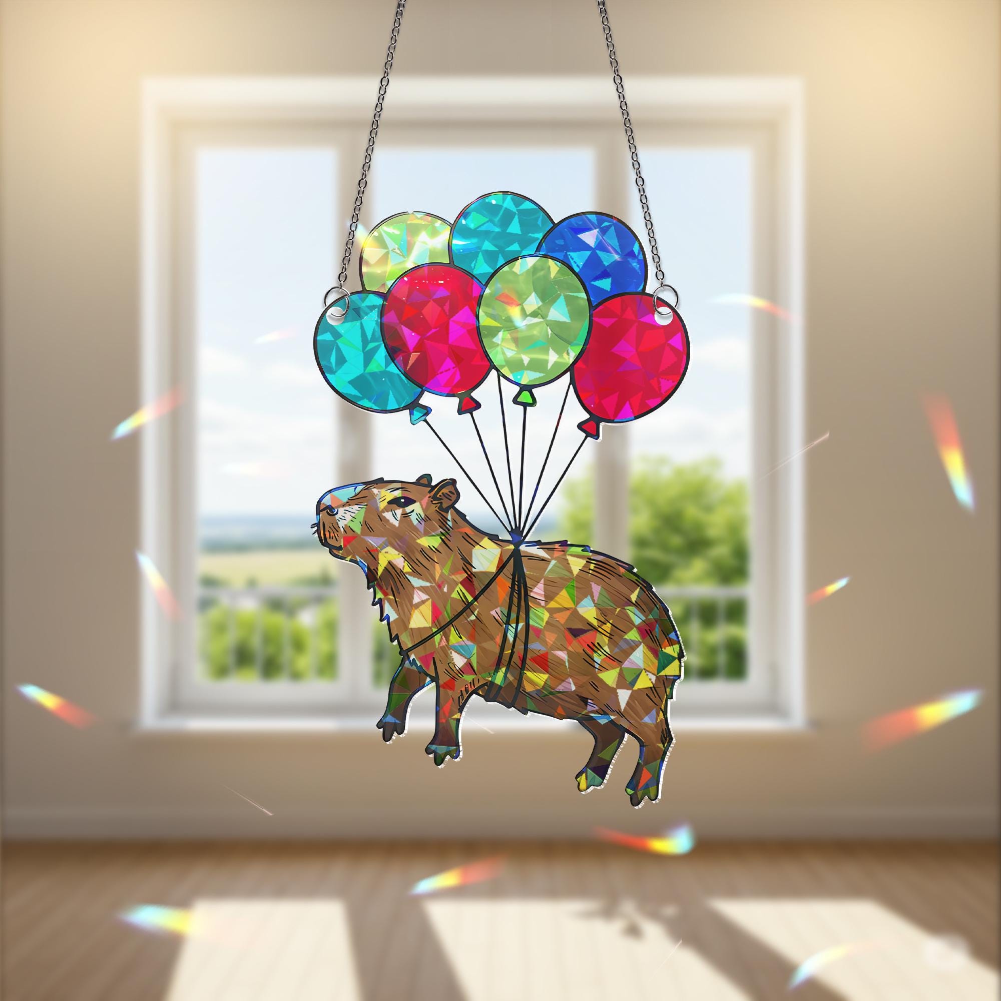 Capybara Balloon Suncatcher, Holographic Acrylic Window Decor, Rainbow Light Catcher Gift, Whimsical Animal Hanging Art,Funny Capybara Decor