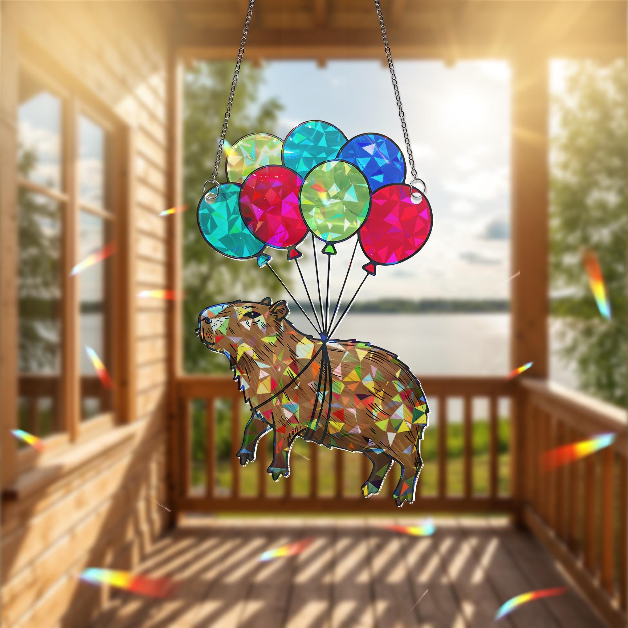 Capybara Balloon Suncatcher, Holographic Acrylic Window Decor, Rainbow Light Catcher Gift, Whimsical Animal Hanging Art,Funny Capybara Decor