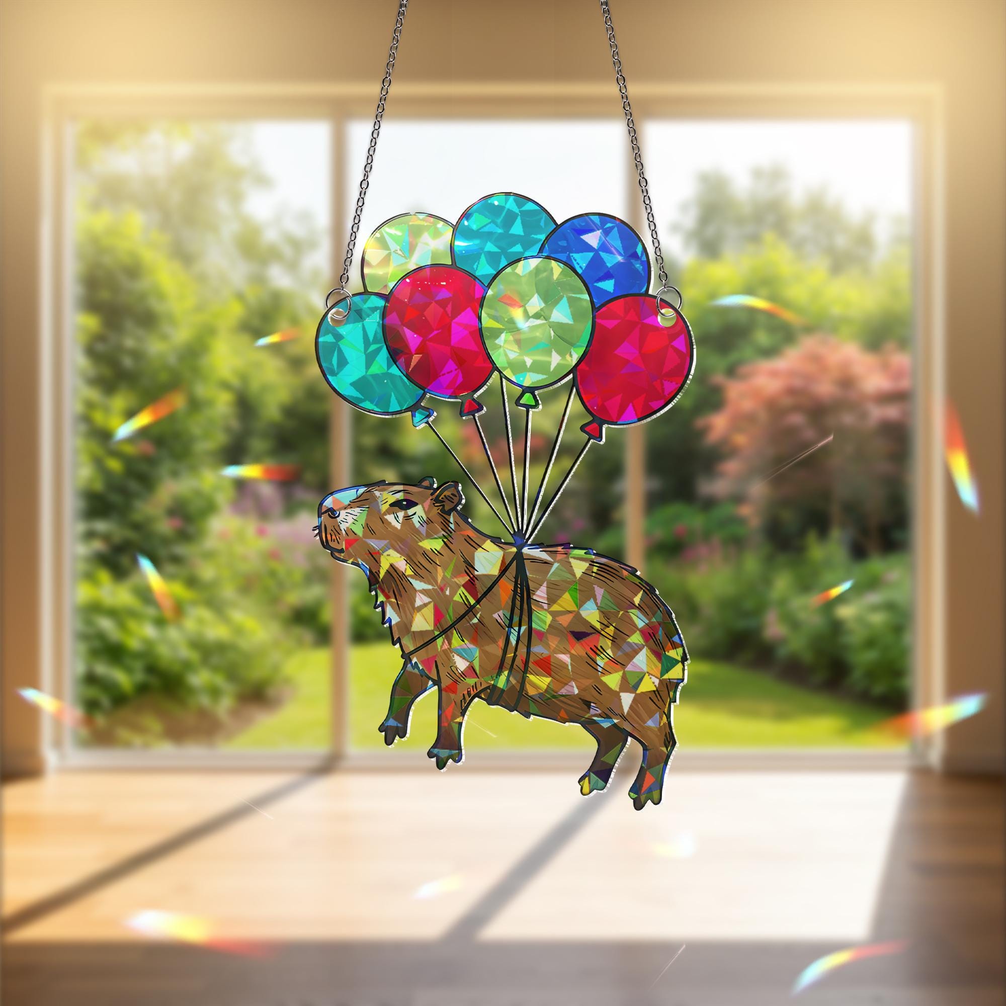 Capybara Balloon Suncatcher, Holographic Acrylic Window Decor, Rainbow Light Catcher Gift, Whimsical Animal Hanging Art,Funny Capybara Decor