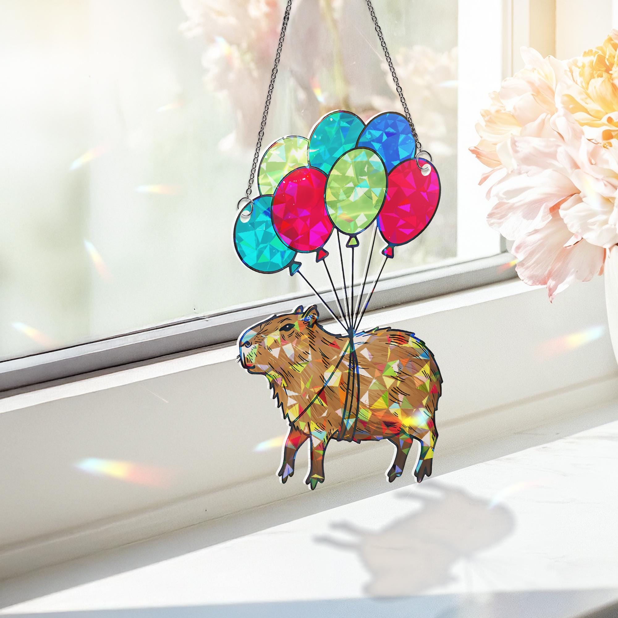 Capybara Balloon Suncatcher, Holographic Acrylic Window Decor, Rainbow Light Catcher Gift, Whimsical Animal Hanging Art,Funny Capybara Decor