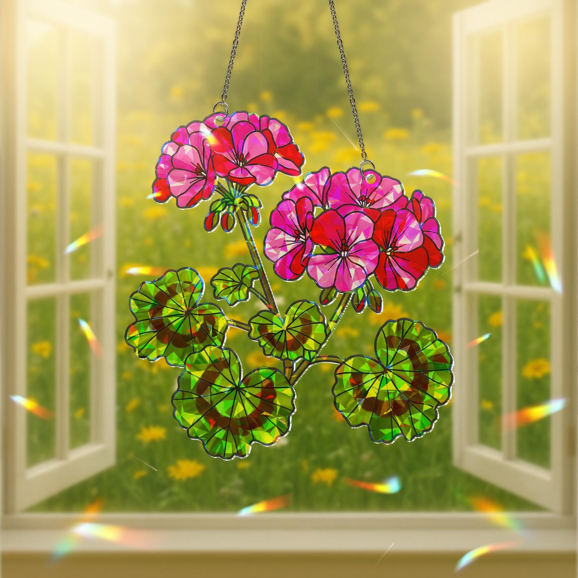 Geranium Flowers Suncatcher | Holographic Acrylic Floral Window Hanging | Pink Summer Garden Decor | Botanical Sun Catcher Gift