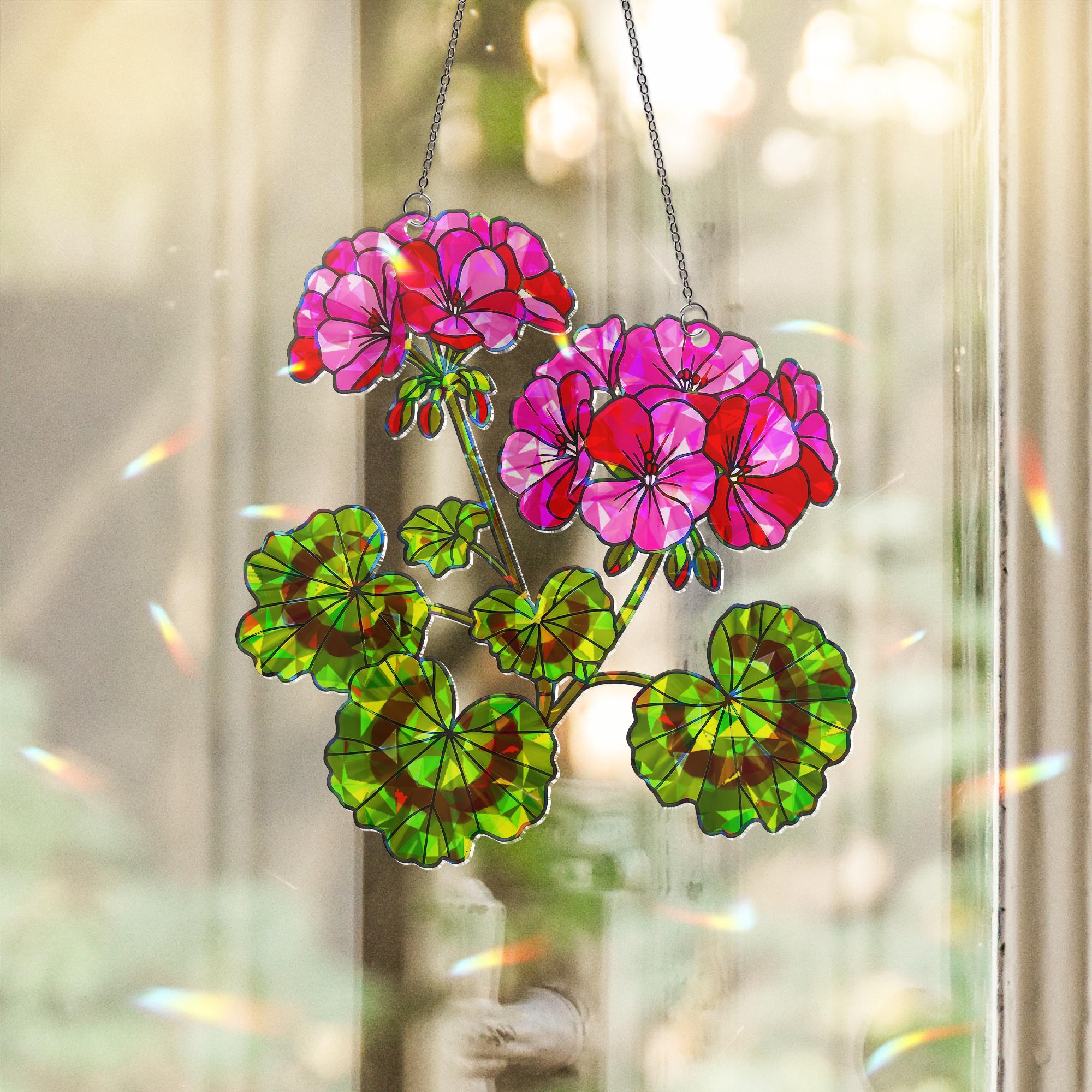 Geranium Flowers Suncatcher | Holographic Acrylic Floral Window Hanging | Pink Summer Garden Decor | Botanical Sun Catcher Gift