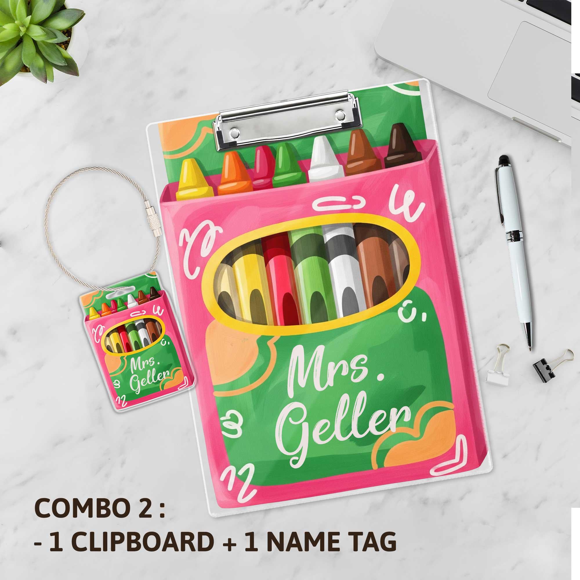 Personalized Teacher Clipboard and Badge Reel Set - Crayon Theme Back to School Gift for Art or Elementary Educator- Crayon Teacher Gift Set