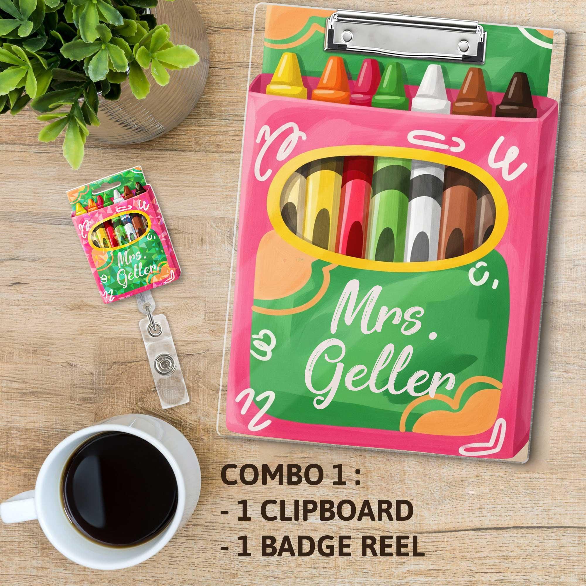 Personalized Teacher Clipboard and Badge Reel Set - Crayon Theme Back to School Gift for Art or Elementary Educator- Crayon Teacher Gift Set