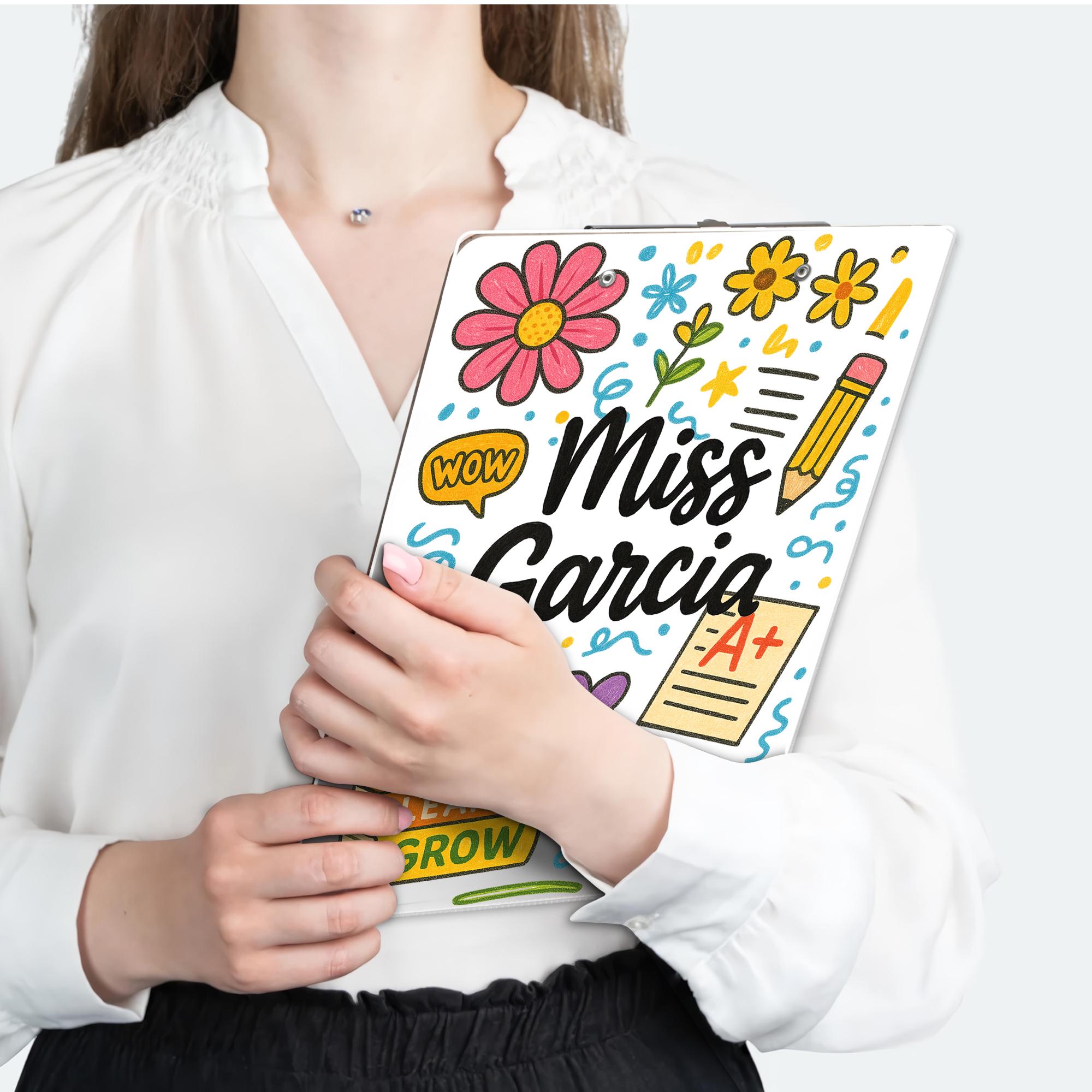 Custom Teacher Clipboard with Name – Cute Personalized Classroom Gift for Miss or Mrs, Inspire Learn Grow Theme for Back to School