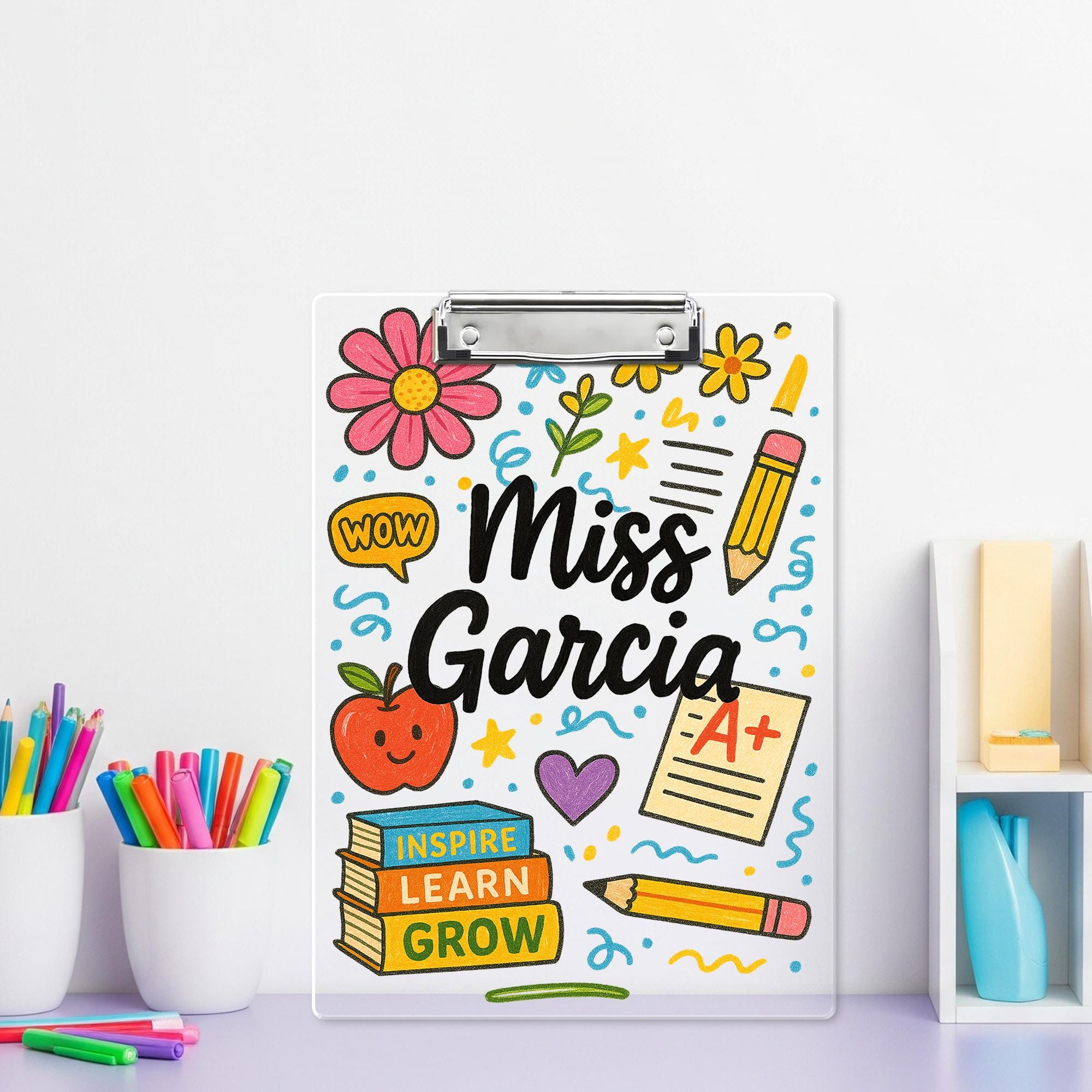 Custom Teacher Clipboard with Name – Cute Personalized Classroom Gift for Miss or Mrs, Inspire Learn Grow Theme for Back to School