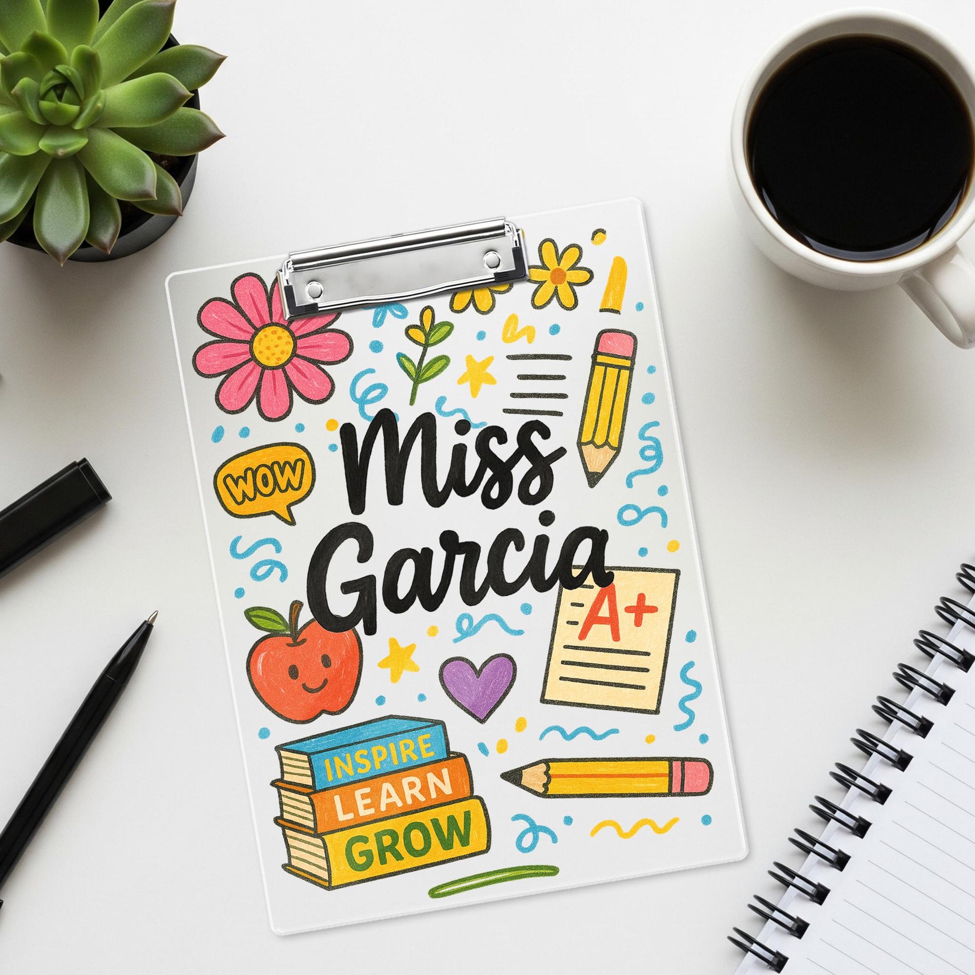 Custom Teacher Clipboard with Name – Cute Personalized Classroom Gift for Miss or Mrs, Inspire Learn Grow Theme for Back to School