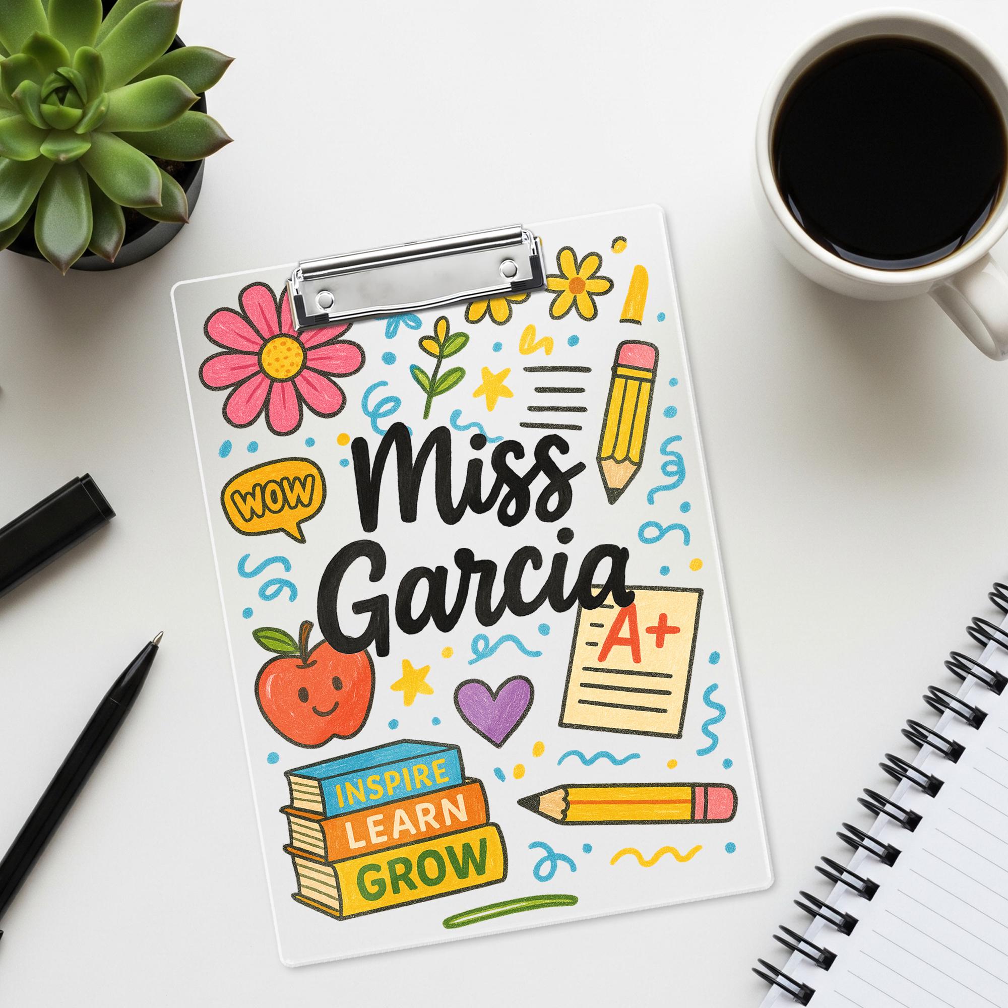 Custom Teacher Clipboard with Name – Cute Personalized Classroom Gift for Miss or Mrs, Inspire Learn Grow Theme for Back to School