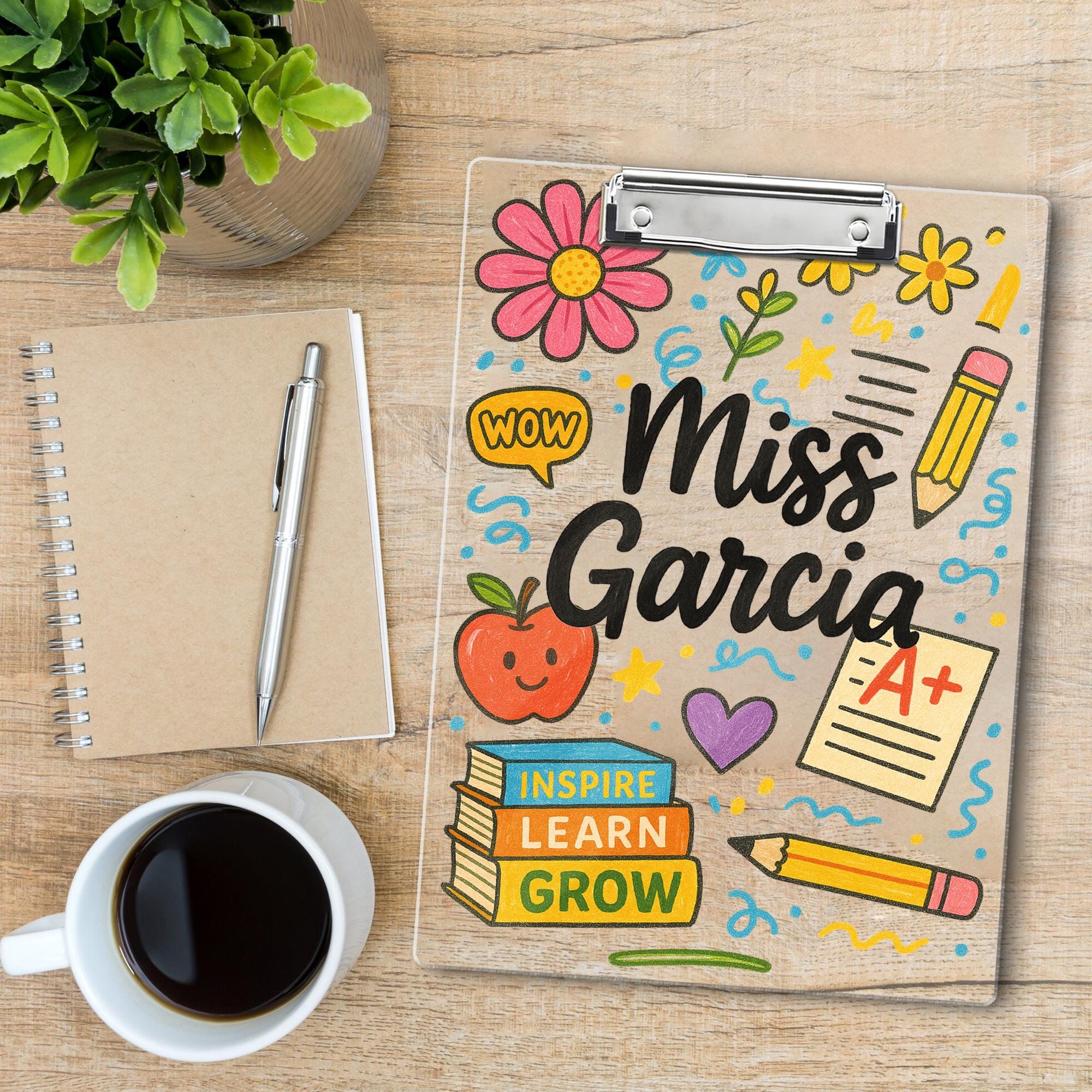 Custom Teacher Clipboard with Name – Cute Personalized Classroom Gift for Miss or Mrs, Inspire Learn Grow Theme for Back to School
