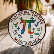 Custom Math Teacher Suncatcher, Pi Symbol Glass Decor, Personalized Gift for Educator, Rainbow Window Hanging, STEM Classroom Art