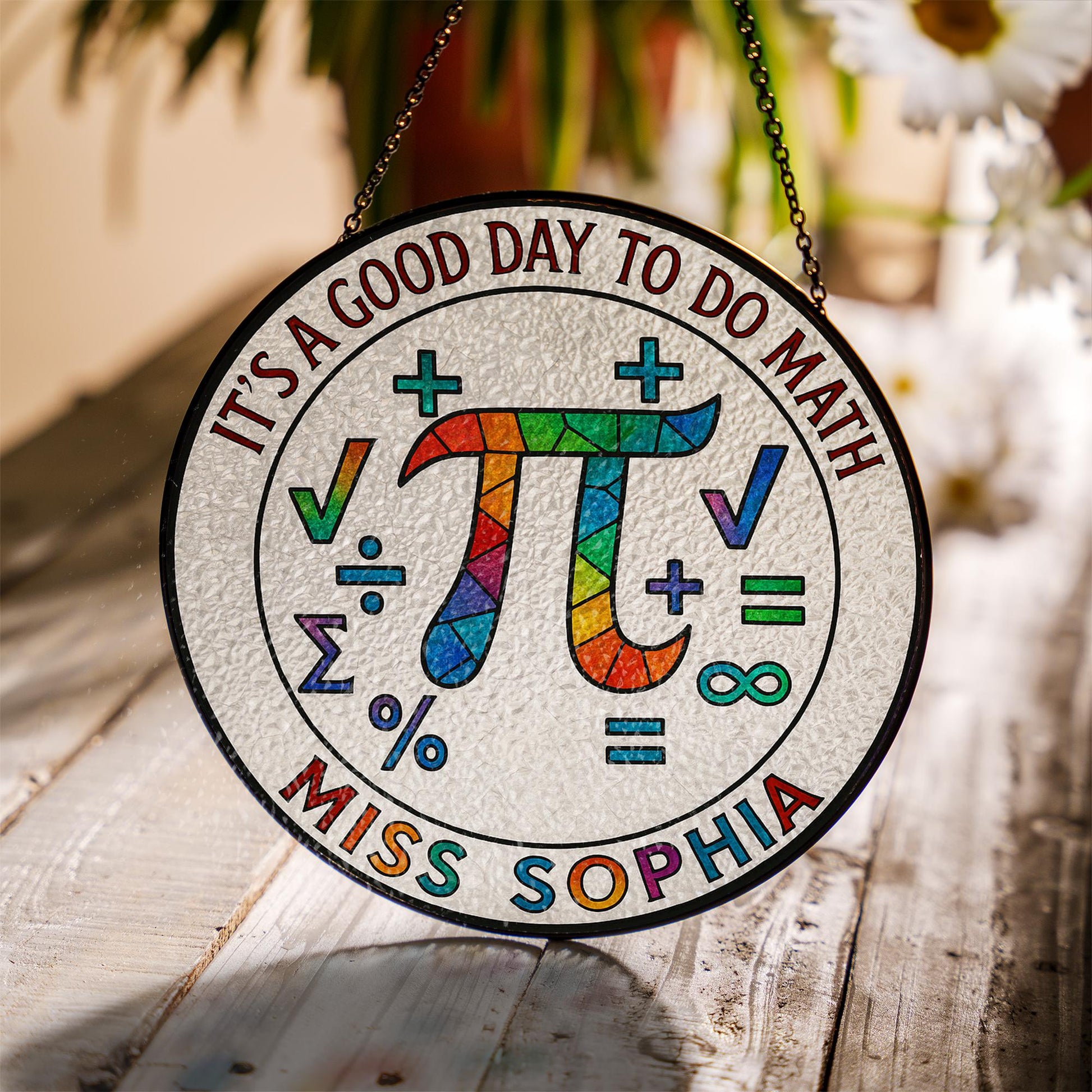 Custom Math Teacher Suncatcher, Pi Symbol Glass Decor, Personalized Gift for Educator, Rainbow Window Hanging, STEM Classroom Art