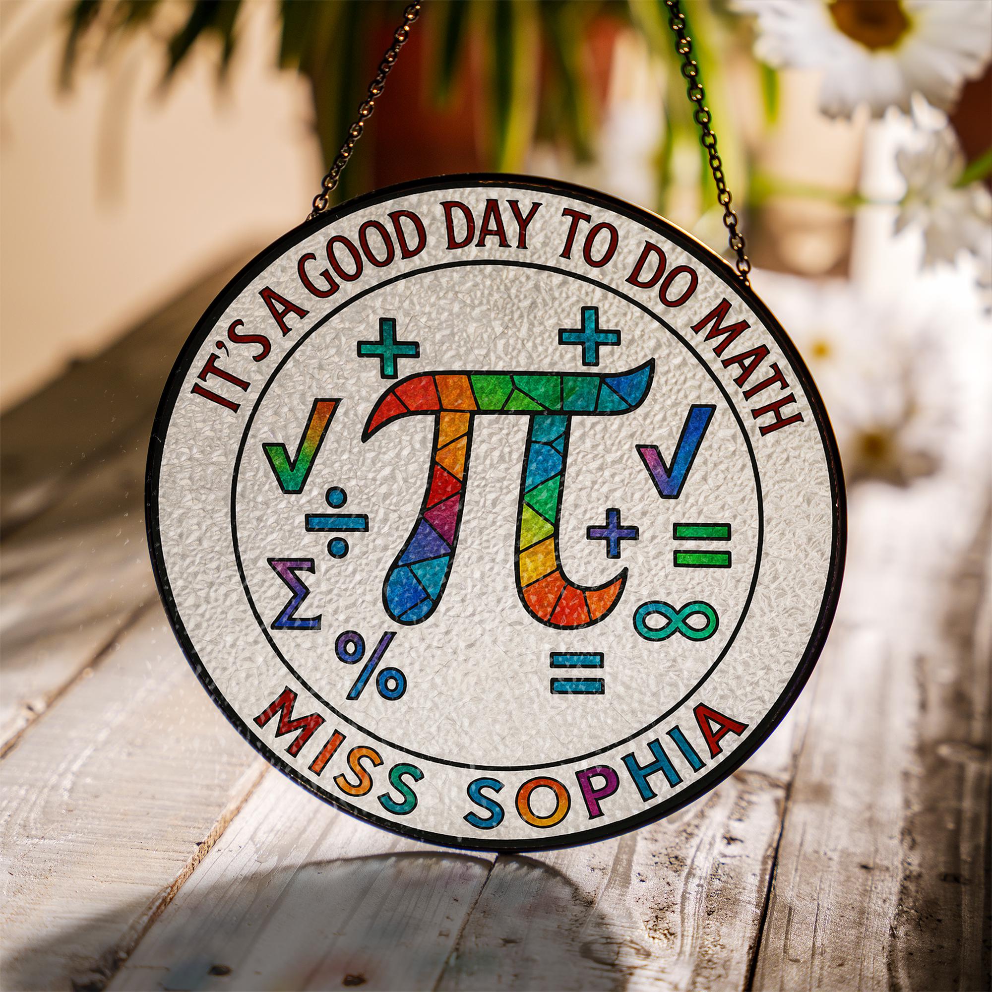 Custom Math Teacher Suncatcher, Pi Symbol Glass Decor, Personalized Gift for Educator, Rainbow Window Hanging, STEM Classroom Art