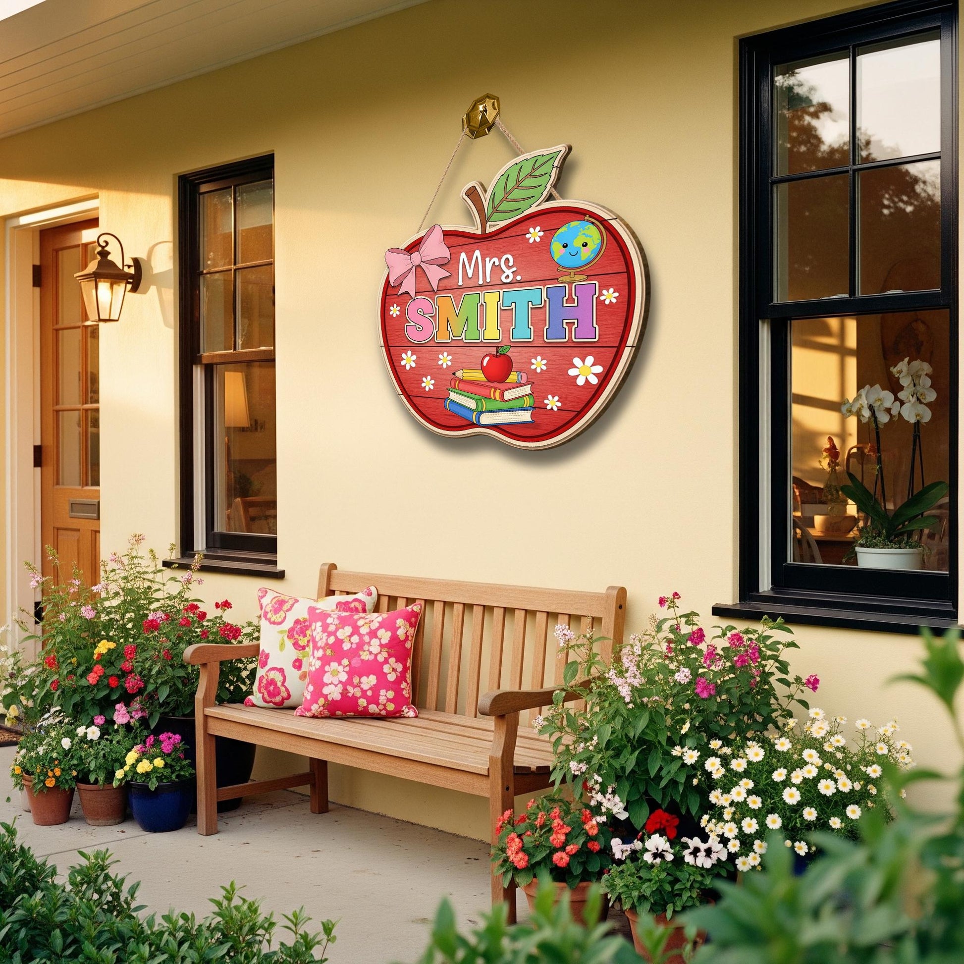Personalized Apple Teacher Door Sign – Custom Classroom Decor with Name – Back to School Gift – Cute Hanging Sign for Teachers, Educators